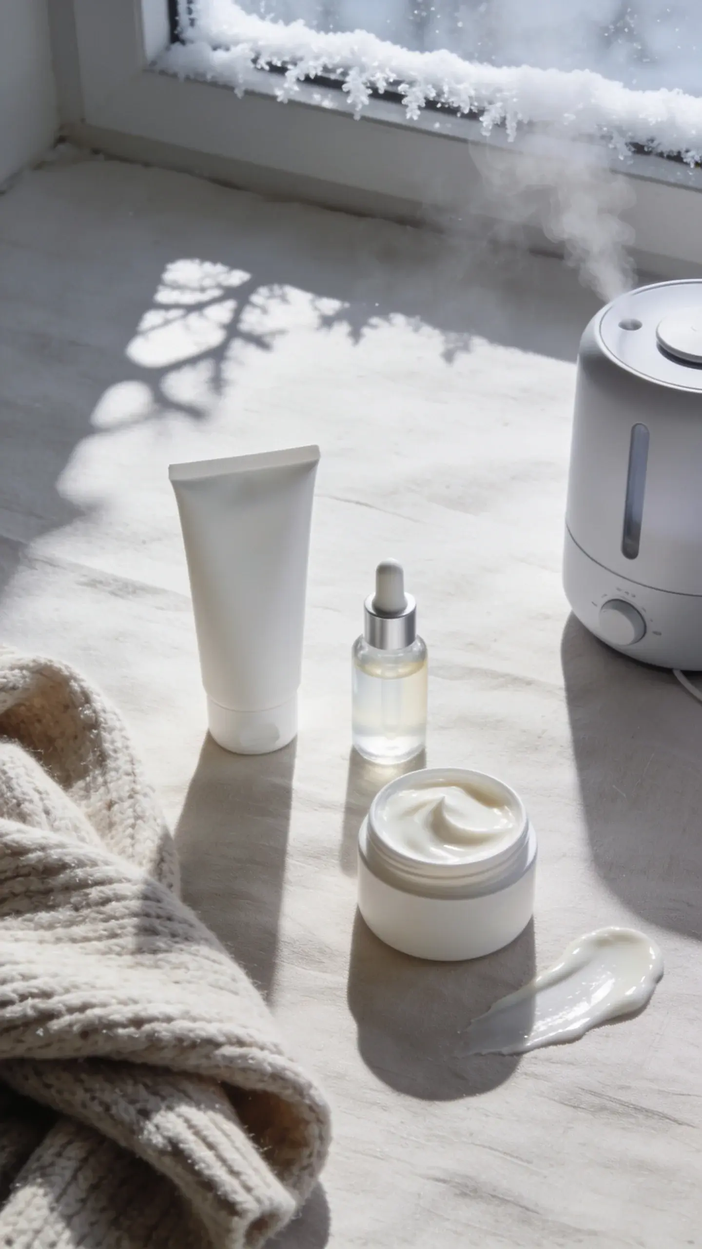 Flat-lay of a gentle winter skincare routine on a light, textured linen surface: a creamy, non-foaming cleanser in a simple white tube, a small bottle labeled only by a dropper cap suggesting ceramide serum, a rich fragrance-free moisturizer in a plain jar with a glossy texture swipe beside it, and a sleek humidifier emitting soft mist in the corner; add cozy winter cues like a folded knit scarf and a frost-edged window shadow; clean, airy lighting, soft shadows, modern minimalist aesthetic.