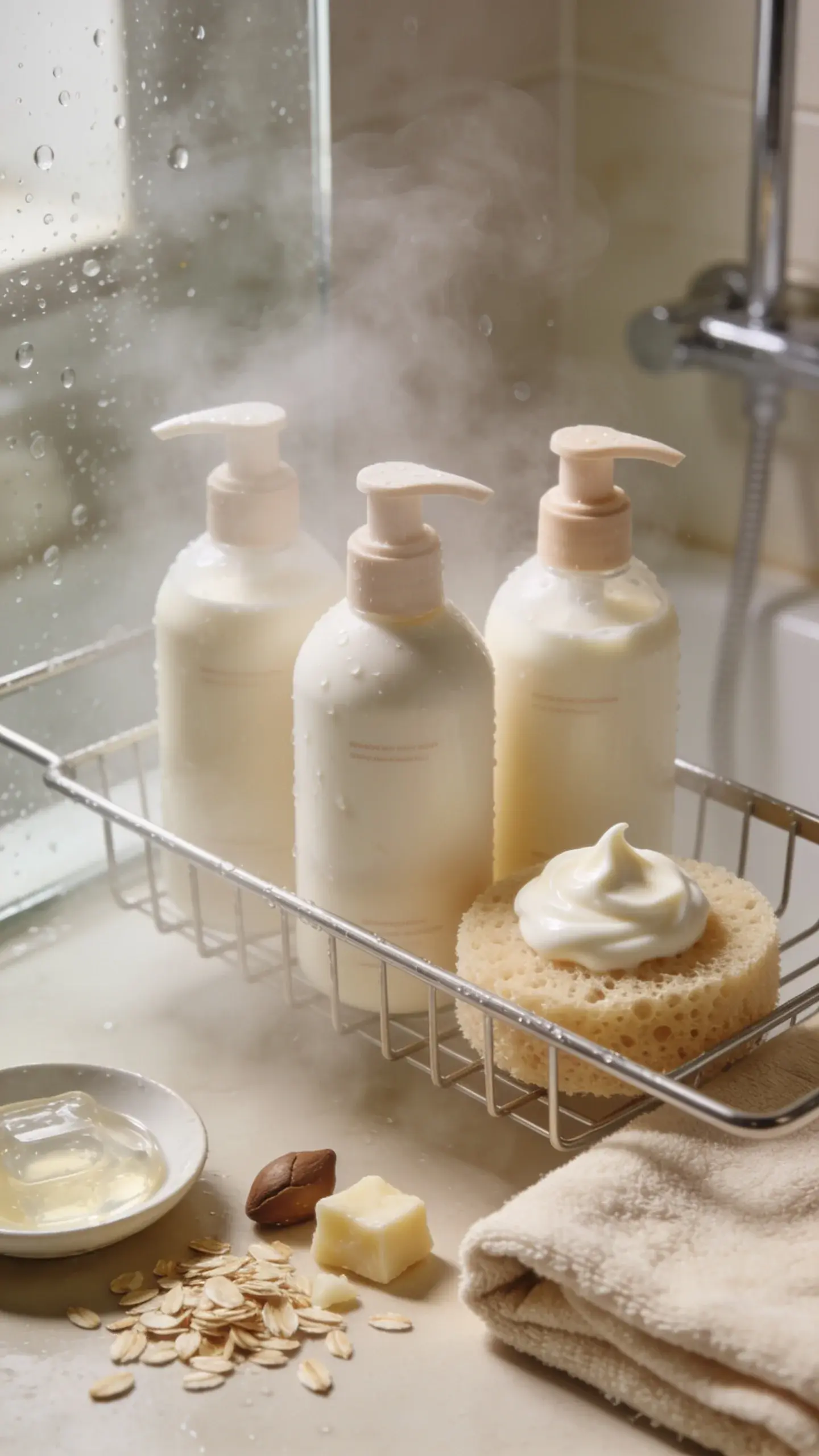 Close-up, steamy bathroom scene with a minimal, modern shower caddy holding three creamy, milky body washes in soft, fragrance-free-looking bottles; a dollop of rich, lotion-like cleanser on a natural sea sponge; scattered oat flakes, shea butter chunks, and a small dish of clear glycerin gel beside a folded beige towel; warm diffused morning light, subtle water droplets on glass, neutral nude and oatmeal color palette, soft focus, no text, lifestyle editorial aesthetic.