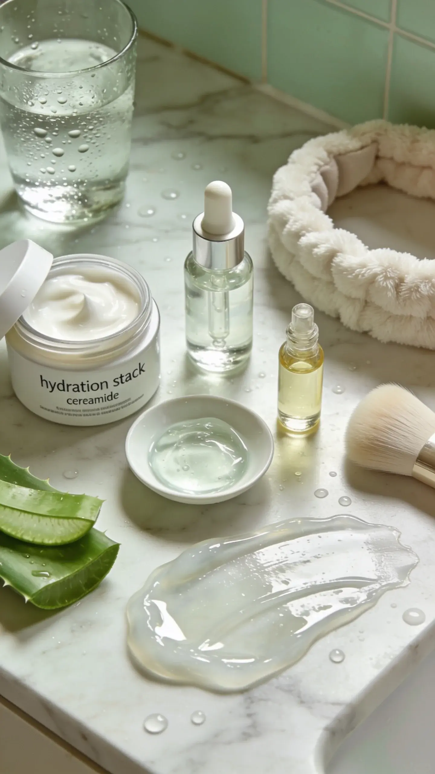 Overhead flat lay of a skincare “hydration stack” ritual on a marble vanity: open jar of ceramide cream, dropper bottle with clear hyaluronic acid, small dish of glycerin, vial of squalane oil, slice of fresh aloe, and a thick, translucent sleeping mask spread like a swatch showing glossy occlusive shine. Include a soft brush, a plush headband, and a glass of water with condensation for a “skin drinks” vibe. Gentle morning light, pale neutrals and sage accents, subtle water droplets for freshness, no text.