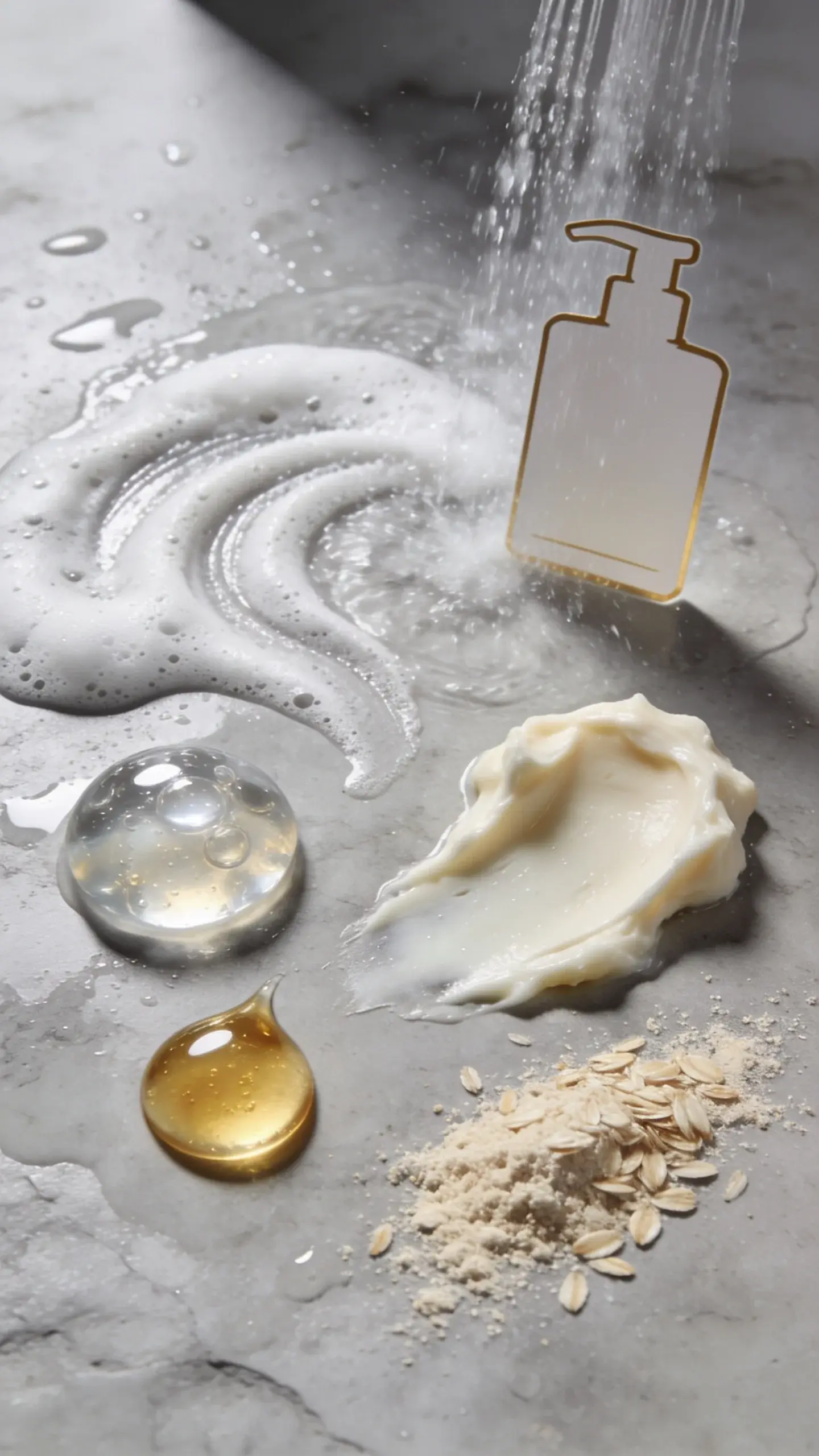 Flat-lay of “barrier-friendly” shower ingredients and textures on a clean, wet, matte stone surface: swirls of hydrating body wash, a glossy bead labeled only by appearance (clear hyaluronic-like gel), creamy shea butter smear, golden squalane droplet, fine oat powder dusting, and a card-like pump bottle silhouette; gentle shower spray misting the scene; cool grey and soft cream tones with hints of gold; high-resolution, natural light, spa-like, no text, product-focused yet ingredient-forward composition.