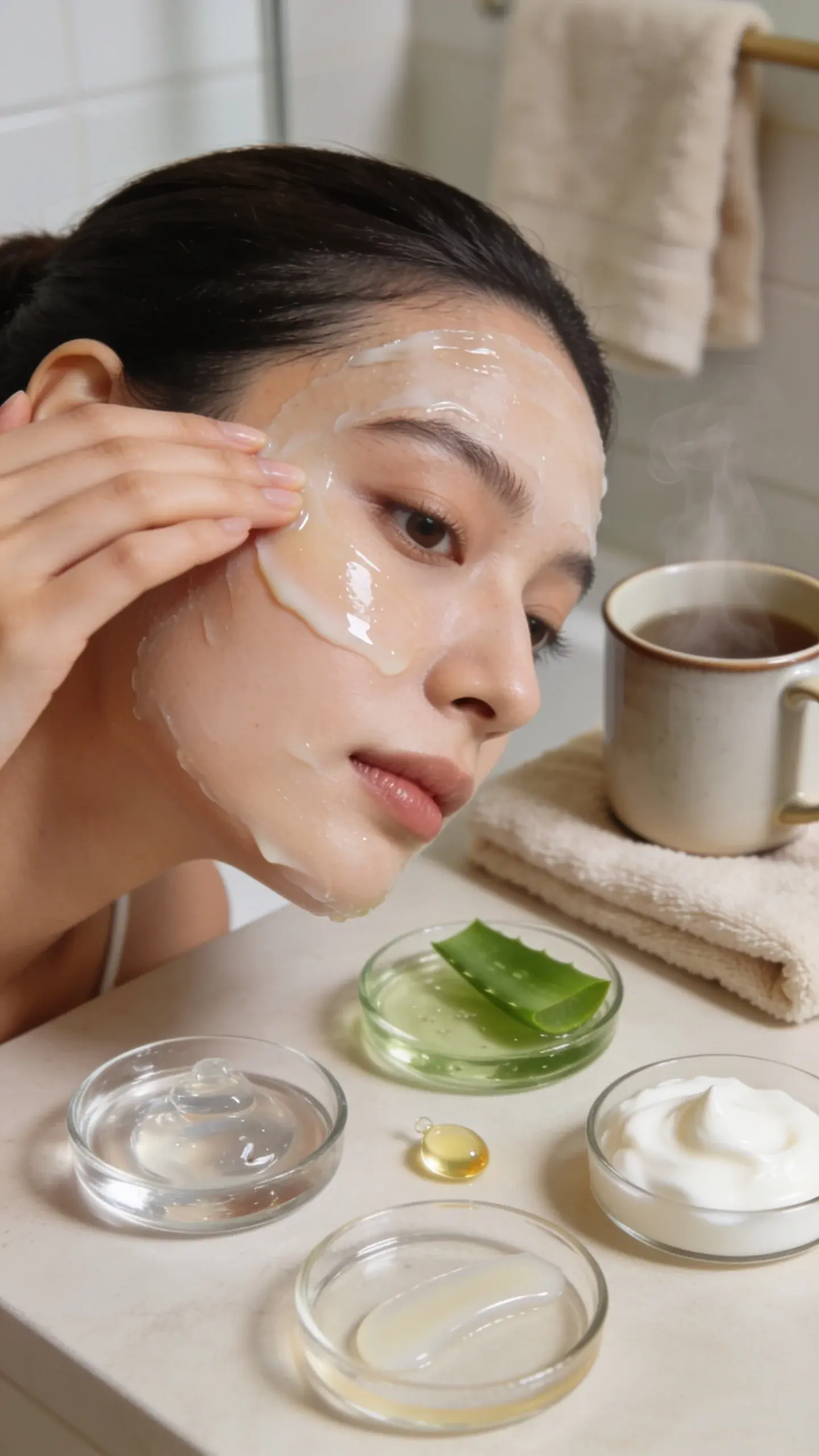 Close-up, soft natural light portrait of a woman with dry, flaky cheeks transforming into dewy, plush “cloud-skin” across her face; one half shows subtle dryness and tightness, the other half glowing and hydrated. She’s applying a creamy gel mask with visible glossy texture. Surround her are small, labeled-looking but text-free glass dishes containing recognizable hydrating ingredients: clear hyaluronic gel, aloe leaf gel, squalane oil drop, ceramide cream, and a thin occlusive balm sheen. Warm bathroom setting with a cozy mug steaming in the background, neutral beige towels, minimal, spa-like aesthetic, no text.