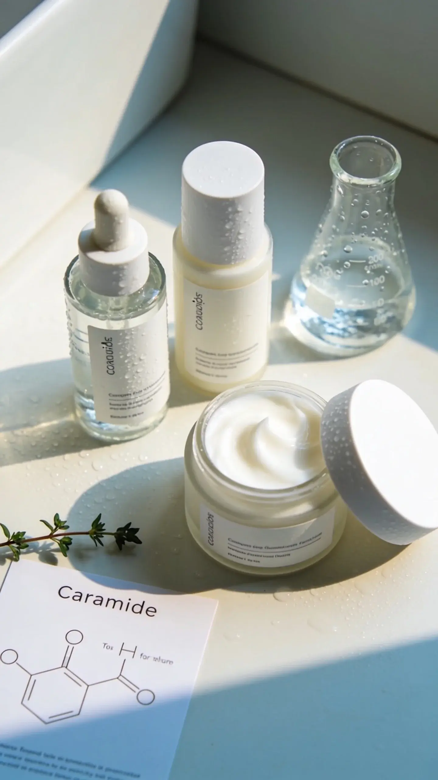 Close-up, high-resolution flat lay on a clean bathroom counter: three open, minimal-label skincare products grouped by function—clear gel serum labeled “humectant” look (transparent, slightly viscous), a milky lotion labeled “emollient” look (creamy, silky), and a thicker white balm labeled “occlusive” look (rich, waxy); include small glass beaker with water droplets and a sprig of ceramide diagram-style illustration on a card nearby; soft natural morning light, subtle condensation on bottles, cool neutral palette with hints of pale blue and cream; no text on image.