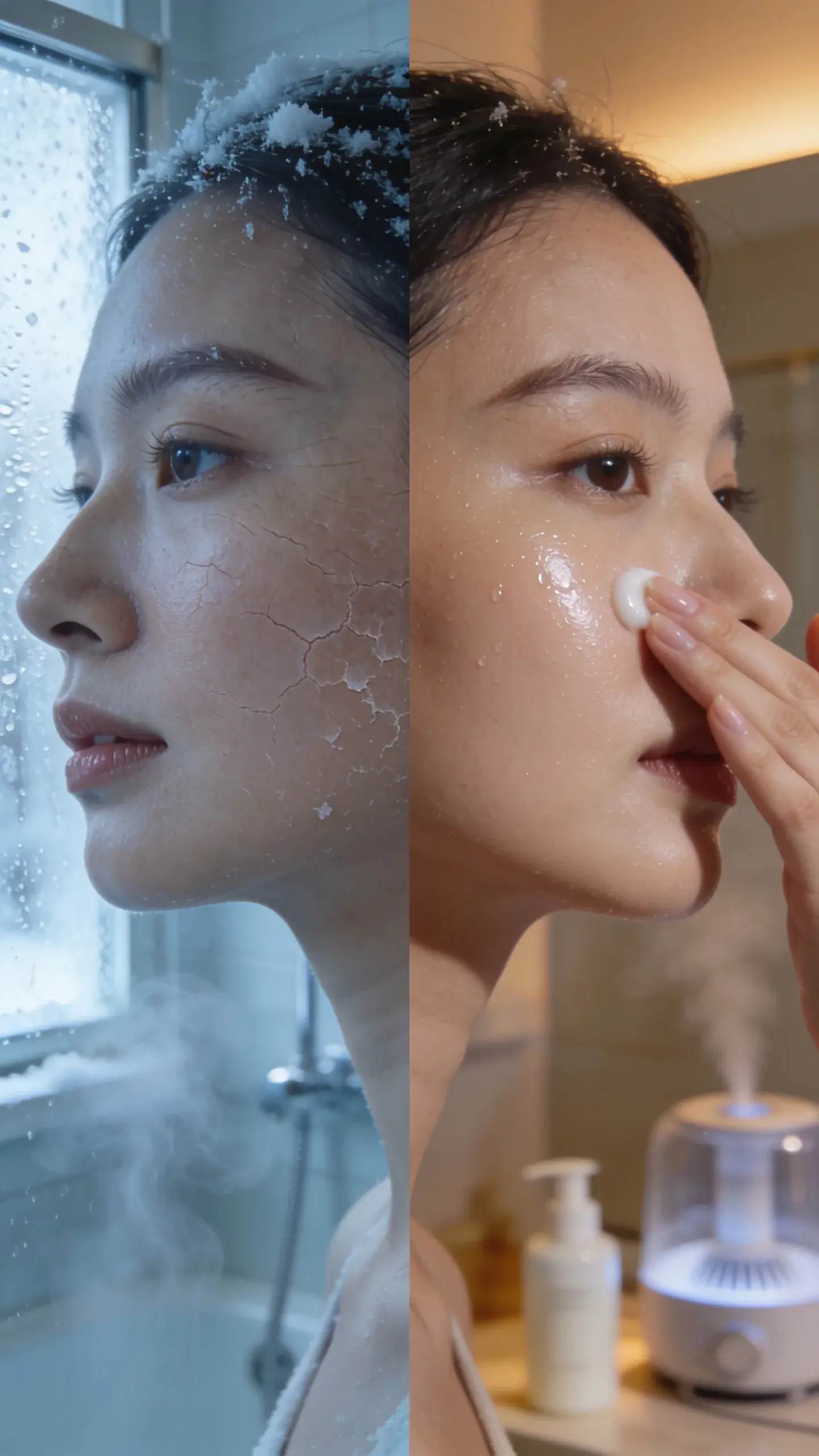 Split-scene macro of cheek skin before/after moisture: left side shows dry, flaky texture with fine lines and tight, matte appearance under cool wintery lighting; right side shows plump, smooth, dewy skin with a soft sheen under warm indoor light; faint background elements hinting triggers and fixes—left: frosted window and steaming shower blur; right: a hand gently pressing in lotion and a humidifier out of focus; realistic dermatology-style detail, balanced tones, no text on image.