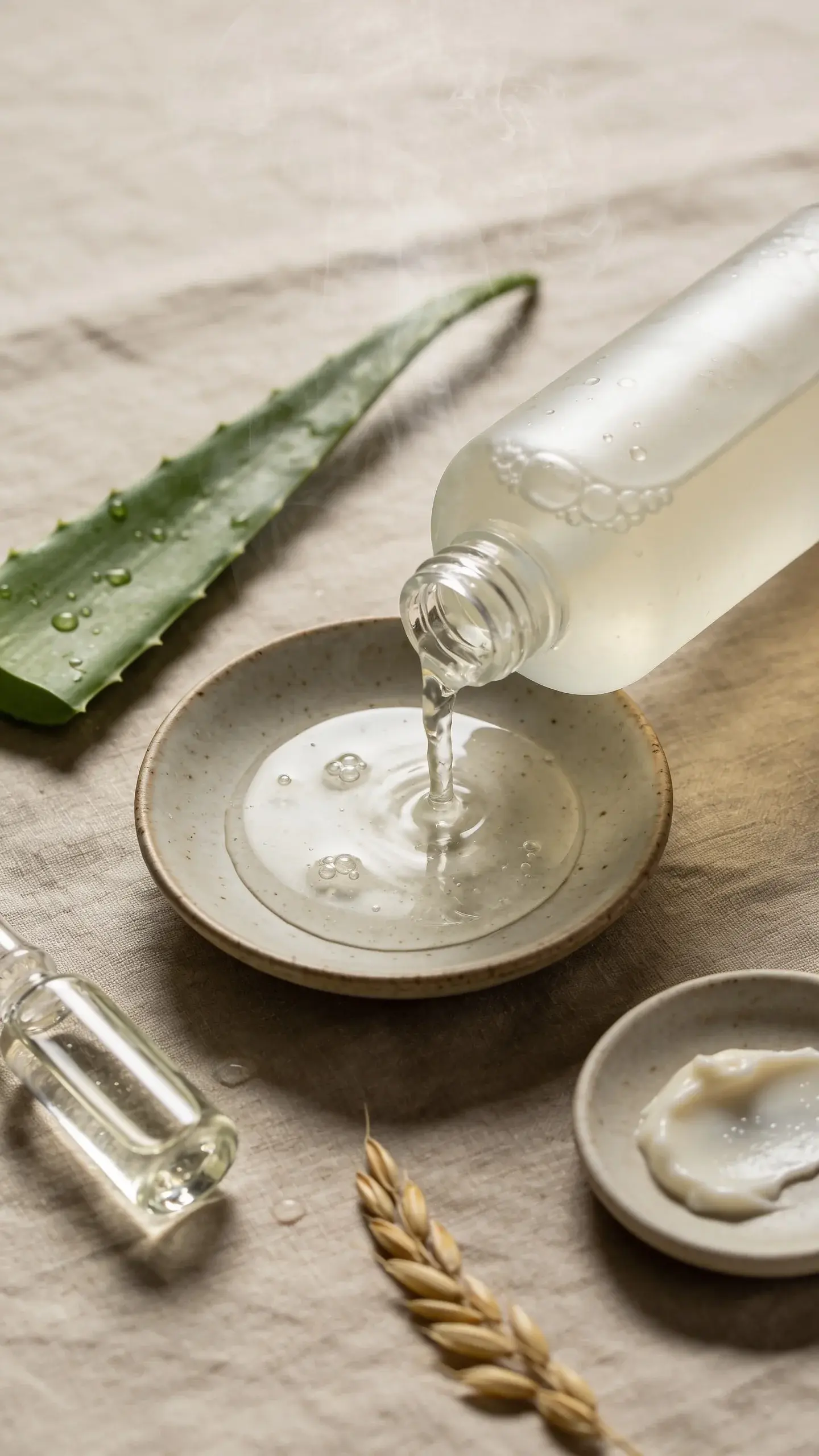 Close-up, minimalistic flat lay of a dry-skin skincare routine on a soft beige linen background: a translucent, slightly viscous hydrating toner being poured from a frosted glass bottle onto a palm-shaped ceramic dish, with visible dewy droplets; nearby are ingredients styled as hints of formula—aloe leaf slice, small glass vial labeled by color with clear gel (hyaluronic), tiny dish with creamy ceramide balm smear, and a sprig of oat; soft diffused morning light, subtle steam-like condensation to suggest moisture, neutral earthy palette, no text, high-resolution editorial beauty photography.