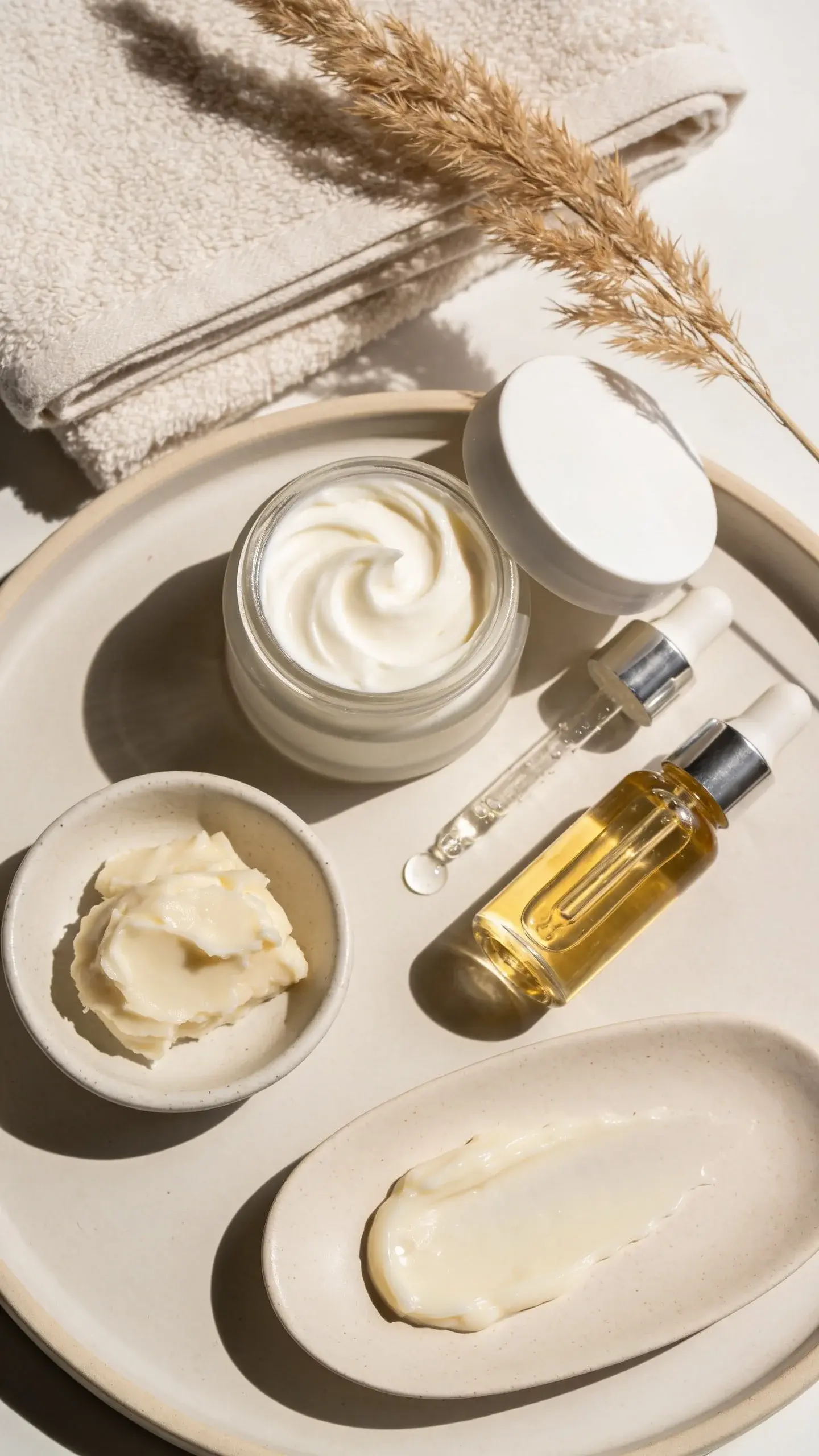 Close-up, overhead flat lay of a minimalist bathroom vanity scene styled for a skincare article about dry skin: open jar of thick, creamy moisturizer with a soft swirl texture, a clear hyaluronic acid dropper glistening with a droplet, a small dish of shea butter, a vial labeled only by color with golden squalane oil, and a swipe of petrolatum on a ceramic palette. Include visual cues of “humectant, emollient, occlusive” through textures: watery serum bead, silky oil sheen, dense balm smear. Soft morning light, neutral beige and off-white tones, matte ceramic tray, folded cotton towel, a sprig of dried pampas for warmth. No text, no brand logos, realistic editorial style.