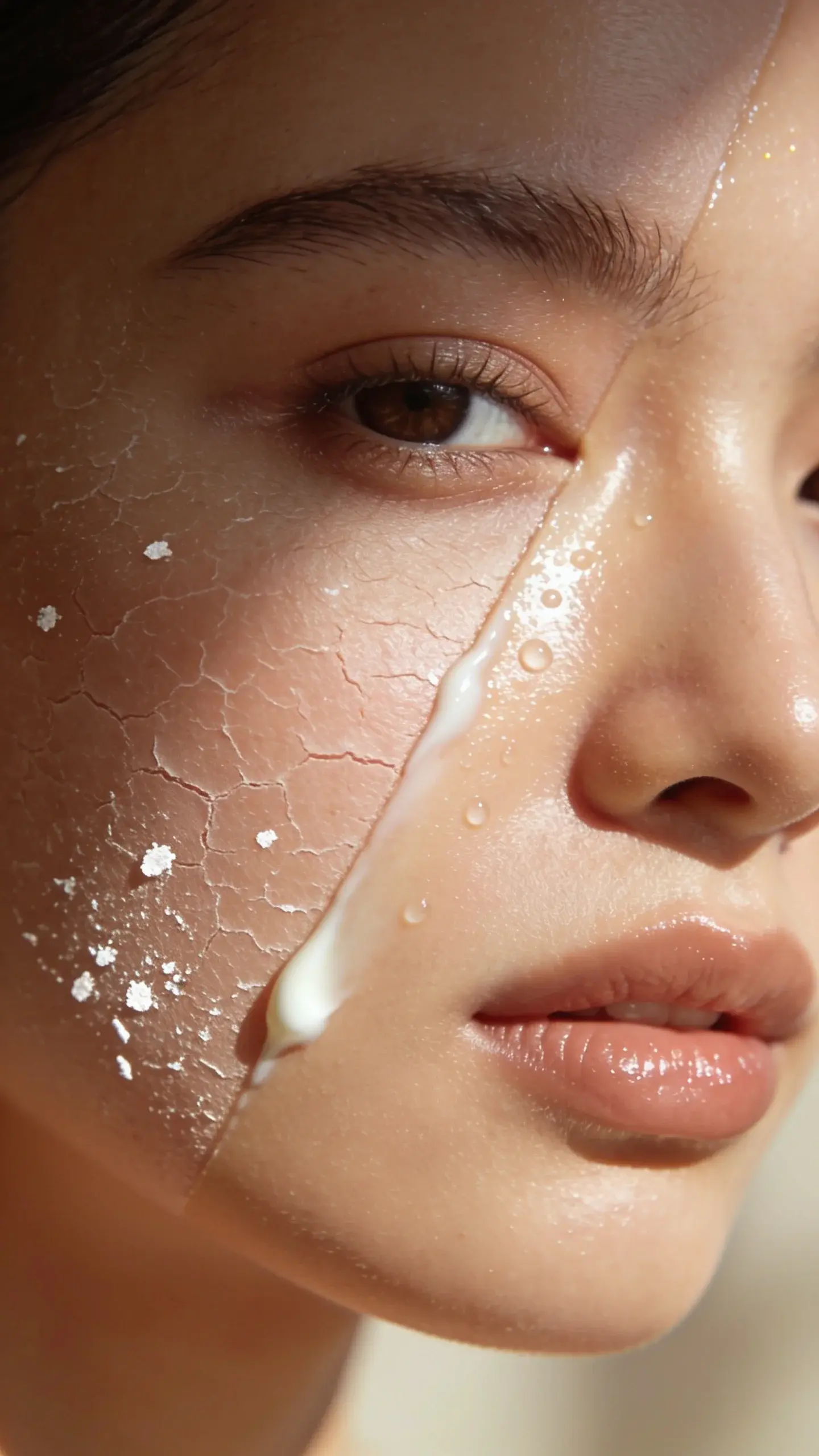 Macro beauty portrait of a person with very dry, flaky cheek transformed to dewy, healthy skin using a diagonal split-light effect: left side shows fine flaking and tightness, right side appears smooth, plump, and bouncy with a subtle glow. Visible application of a rich cream along the transition line, tiny water droplets on the dewy side suggesting humectant action. Natural skin tone, minimal makeup, soft diffused daylight, warm neutral background. Focus on skin texture and moisture barrier “before and after” story without captions or text, hyper-real, high-resolution.