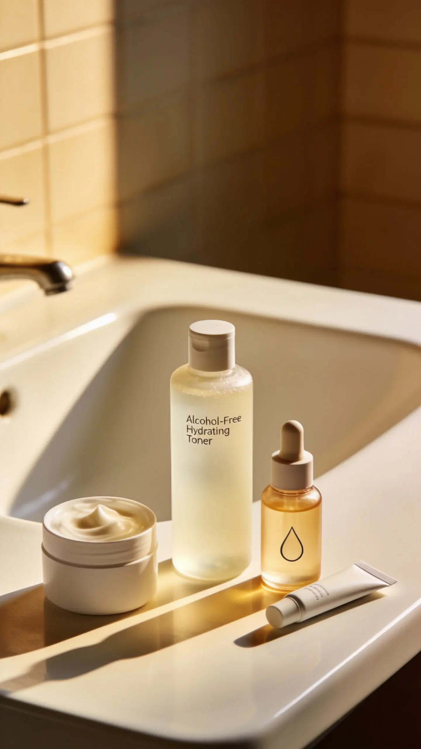 Soft, natural-light bathroom vanity scene focused on a minimalist evening skincare routine for dry, acne-prone skin: close-up of a clean white sink with a gentle cream cleanser, alcohol-free hydrating toner in a frosted glass bottle, a serum labeled with a water droplet icon (to imply hyaluronic acid), a small tube of