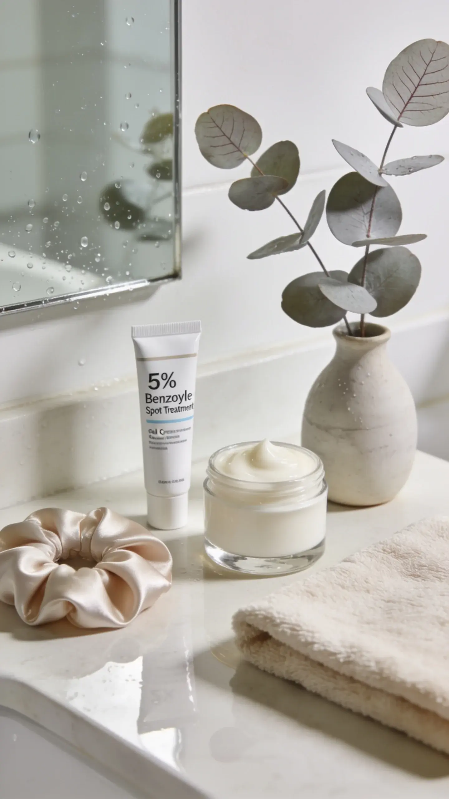 5% benzoyl peroxide spot treatment, and a rich gel-cream moisturizer. Include a silk scrunchie, a soft beige towel, and a small vase with eucalyptus. Subtle water droplets on the mirror, no text, calm neutral tones, high detail, realistic.