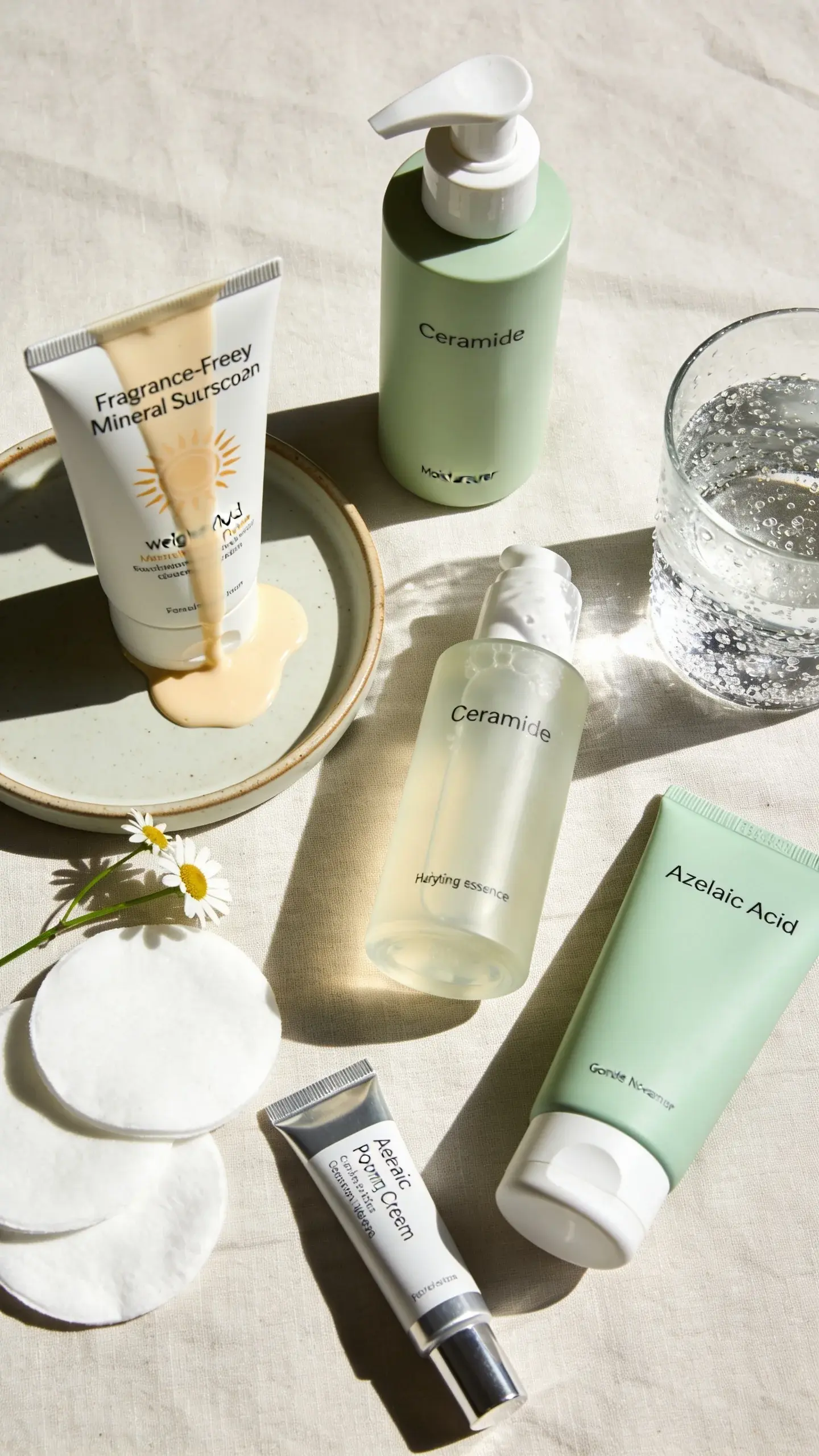 Top-down flat lay of a “barrier-first” morning routine on a linen cloth: fragrance-free mineral sunscreen (lightweight fluid texture dripping on a ceramic tray), ceramide moisturizer in a pump, hydrating essence in a translucent bottle, azelaic acid cream in a small aluminum tube, and a gentle non-foaming cleanser. Add cotton pads, a glass of water with condensation, and a sprig of chamomile. Color palette: soft creams and sage greens, bright natural daylight, no text, photorealistic.