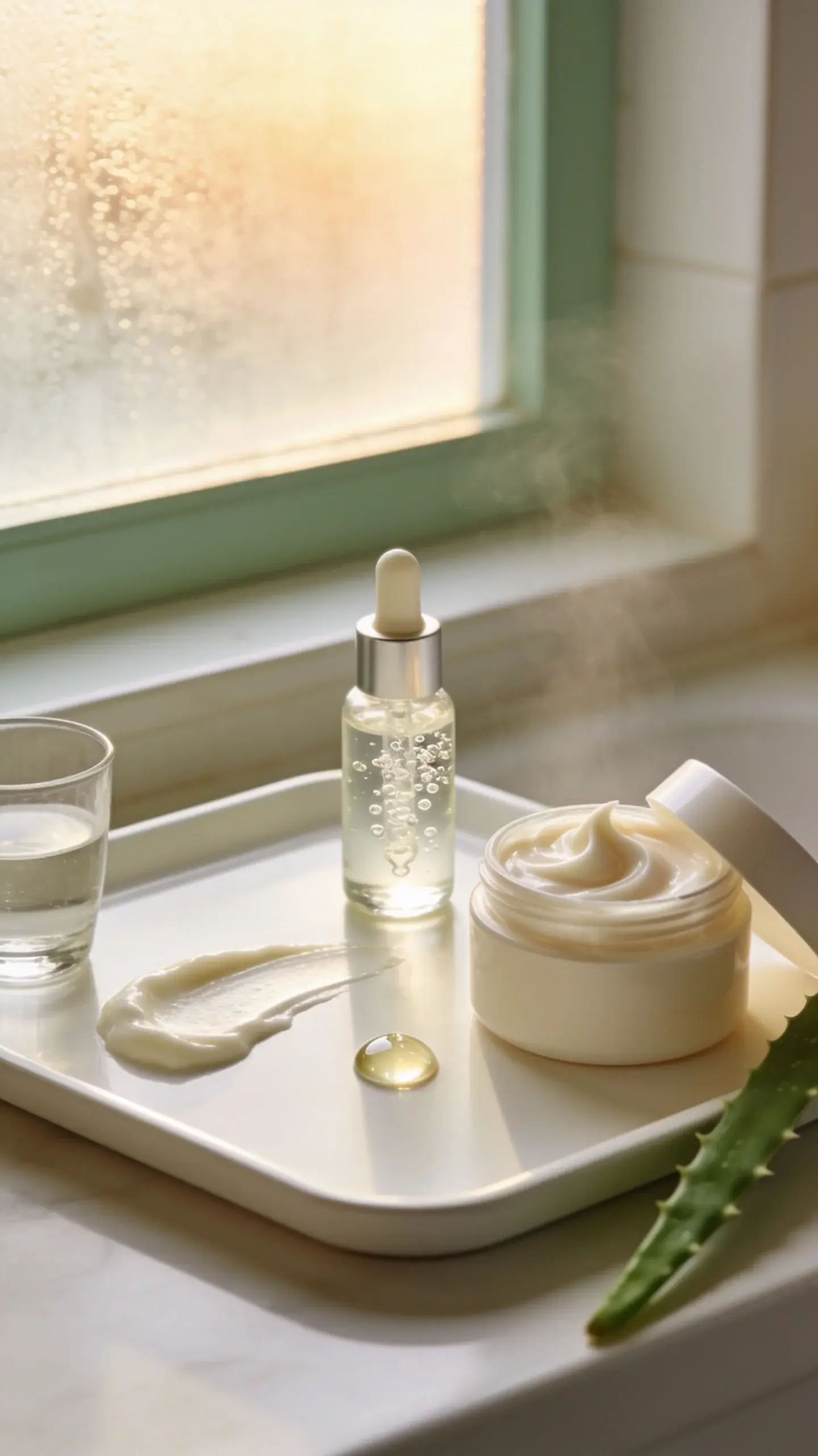 A bright, minimal bathroom counter scene at sunrise: a soft-focus close-up of a gentle creamy cleanser, a clear hyaluronic acid dropper serum with visible bubbles, and a rich ceramide cream in an open jar, arranged on a clean white tray beside a small glass of water and a sprig of aloe. Soft natural light through a frosted window, subtle steam hinting at lukewarm water. Textures emphasized—creamy cleanser smear, glossy serum drop, thick moisturizer swirl. Warm, comforting color palette (ivory, pale sage, sand). No text, lifestyle editorial style.