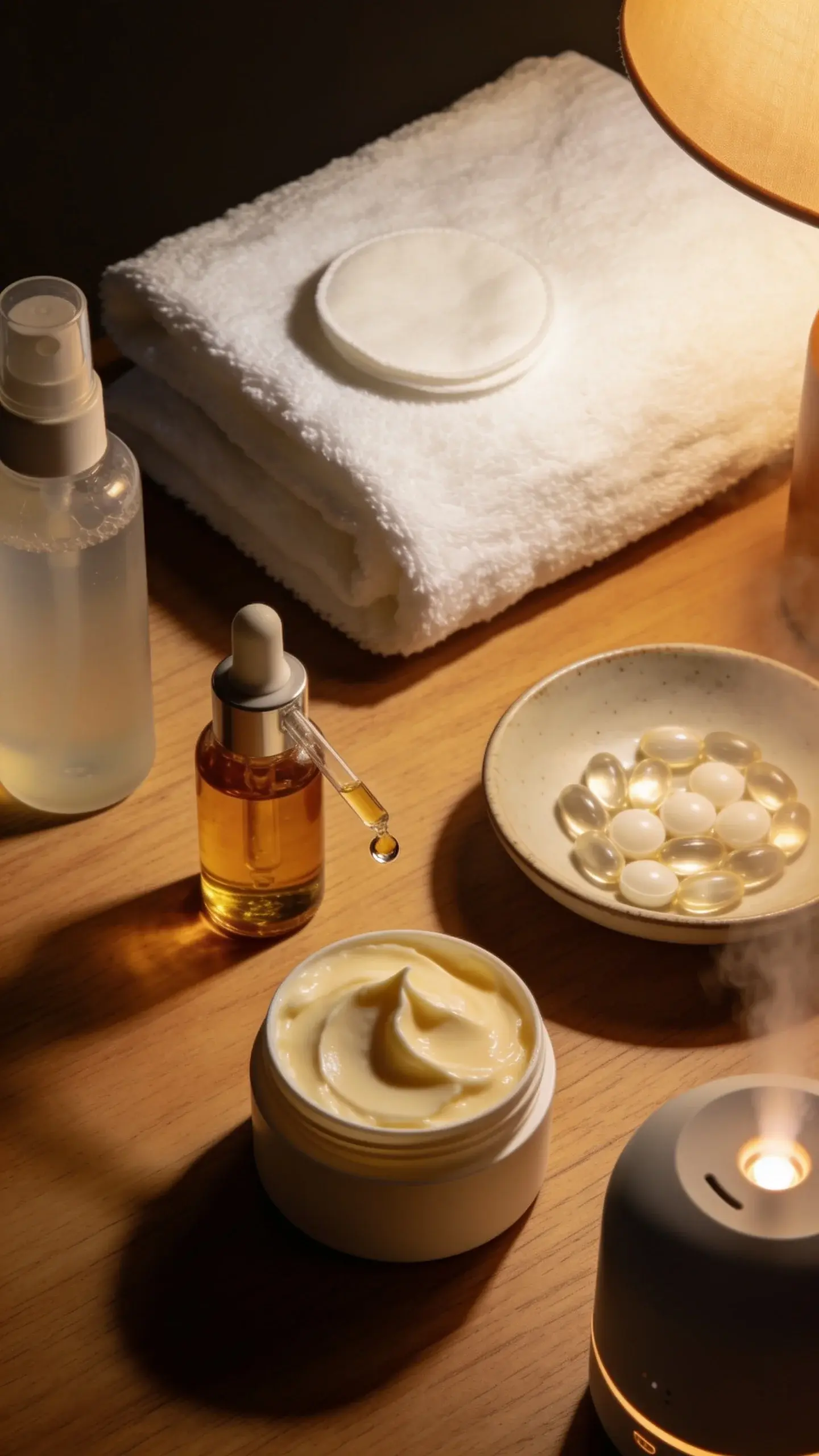 A cozy evening flat lay for dry-skin repair: neatly folded white towel, a milky micellar water bottle with cotton pad, hydrating toner in a translucent amber bottle, squalane facial oil with dropper showing a droplet mid-fall, and a buttery shea moisturizer with a smooth scoop mark. Add a ceramic dish with ceramide capsules, and a small humidifier emitting a soft mist in the corner. Dim, warm lamp lighting with gentle shadows on a wooden surface, conveying nourishment and moisture-locking. Clean, modern aesthetic, no labels or text.