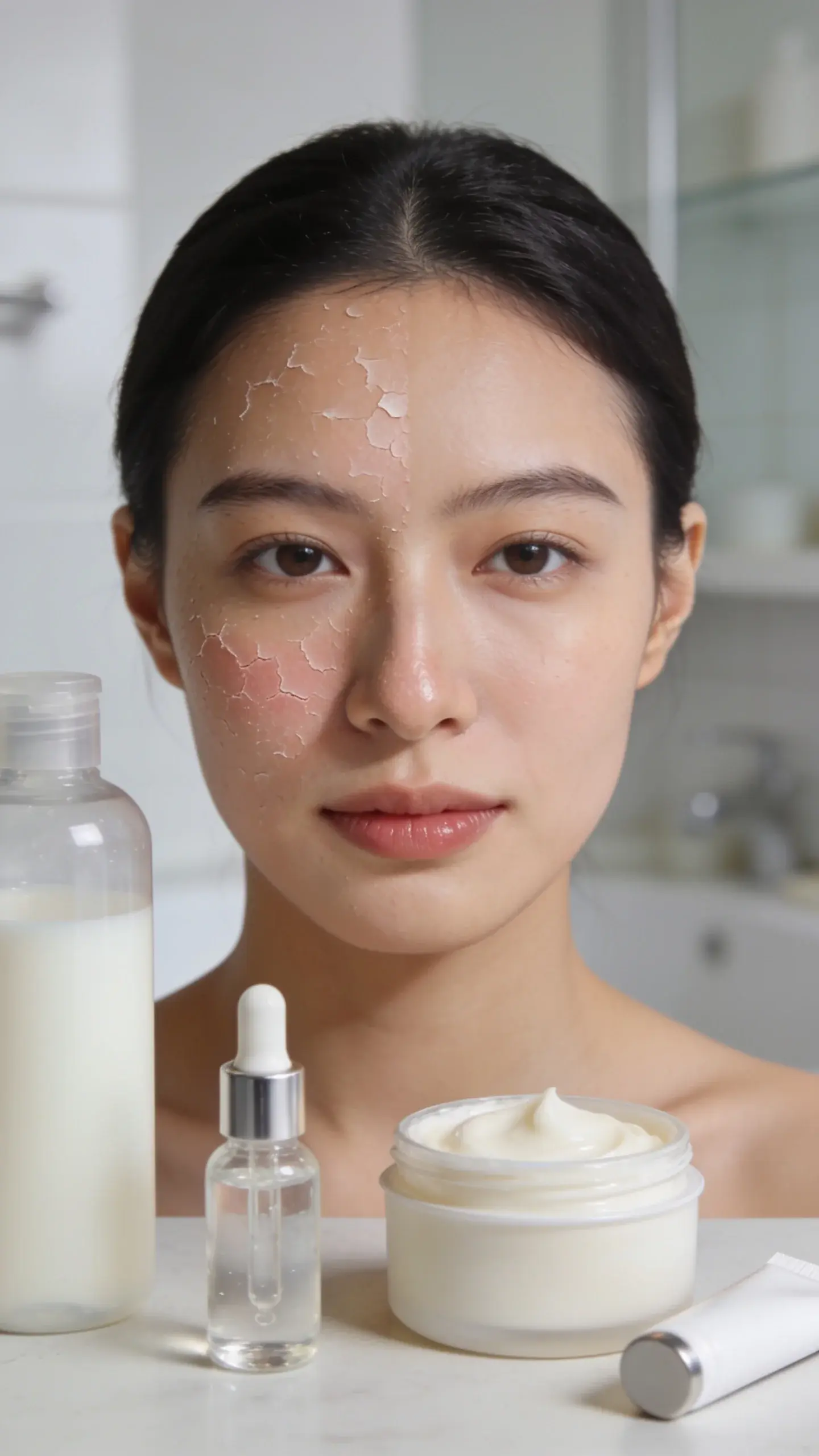 Close-up of a woman with dry, sensitive skin in a softly lit, minimal bathroom setting, half her face gently flaking around the nose and cheeks while the other half looks calm and hydrated, surrounded by “good” skincare visuals: a translucent bottle labeled only by color cues (no text) of a milky fragrance-free cleanser, a dropper with clear hyaluronic serum, a tub of thick ceramide cream, a small tube implying