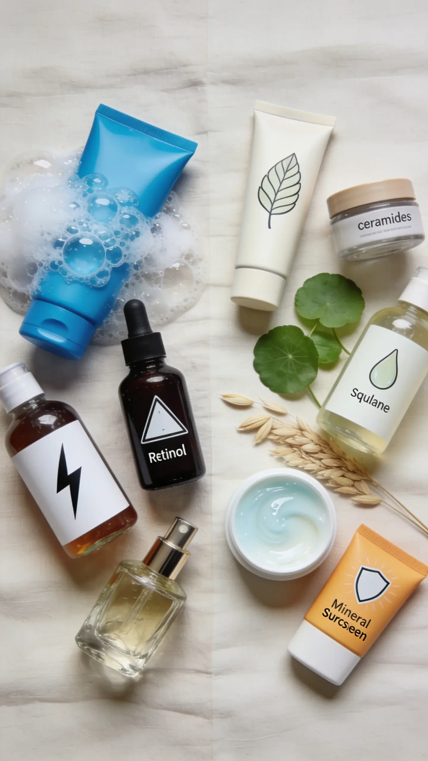 Flat-lay on a pale linen background contrasting “avoid” vs “use” ingredients for dry sensitive skin: on the left, visually harsher items like a bold-colored foaming cleanser with big bubbles, a bottle with a lightning-bolt icon (strong acids), a dark retinol bottle with a warning triangle icon, and a perfumey glass atomizer; on the right, calming items like a tube with a leaf icon (azelaic acid 10% vibe), a jar suggesting ceramides, a bottle with squalane drop, oat/centella leaves near a soothing gel-cream, and a mineral sunscreen with a shield icon; soft diffused light, high detail, modern editorial style, no text anywhere.