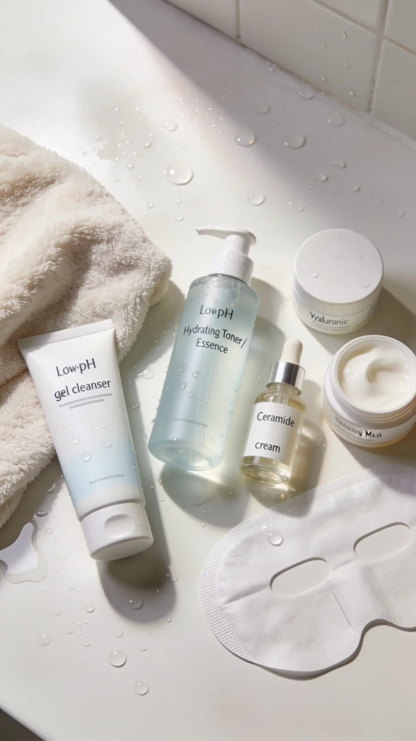 Flat lay of a minimalist K-beauty routine for dry skin on a clean, damp countertop: low-pH gel cleanser, hydrating toner/essence, hyaluronic serum, ceramide cream, and an occlusive sleeping mask; droplets of water and a plush towel suggest hydration; soft morning light, airy pastel palette, no text.