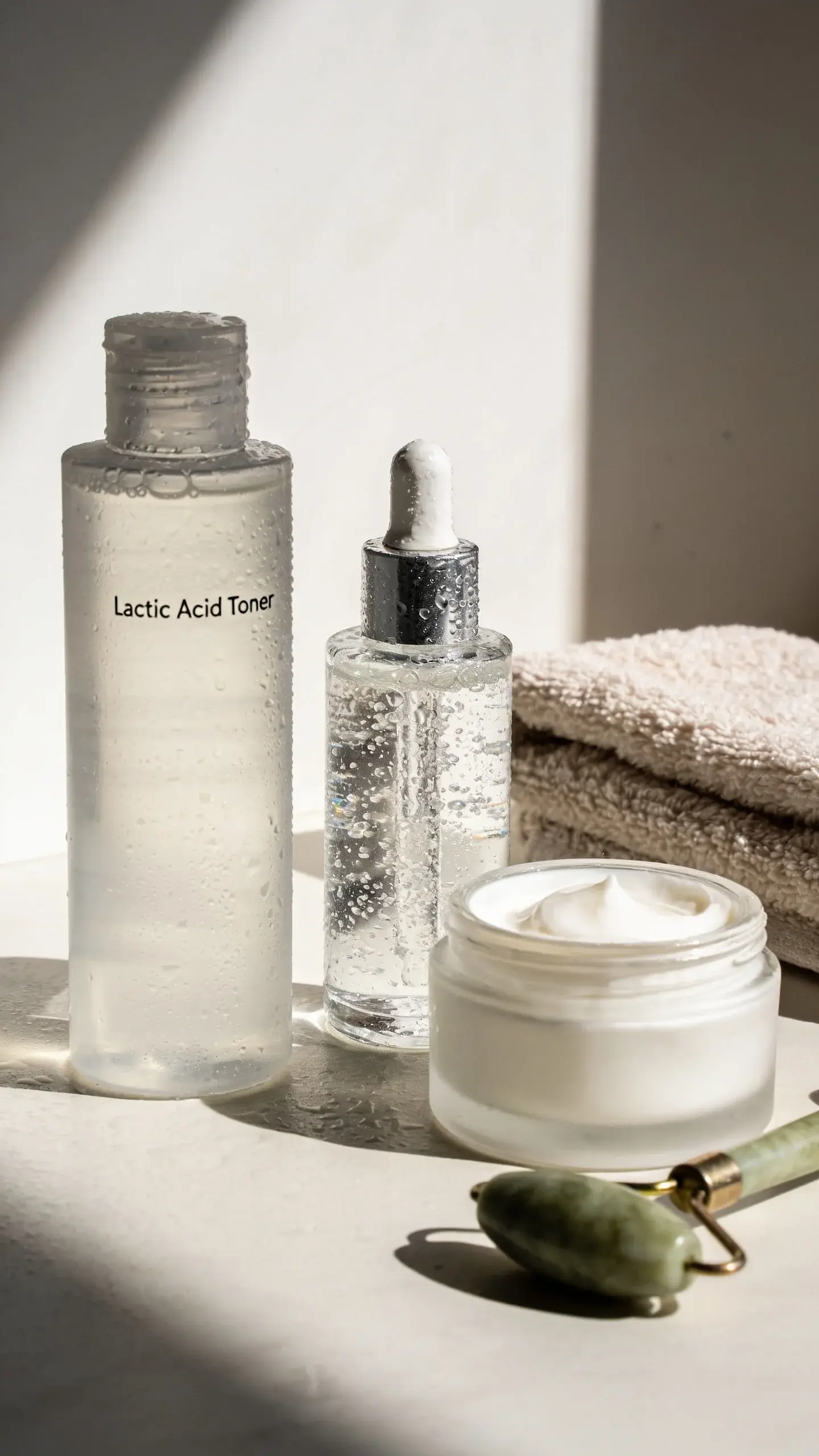 Close-up of a clean vanity scene with a lactic acid toner, a clear hydrating serum with bubbles, and a rich cream moisturizer arranged neatly; water droplets glisten on the bottles to suggest hydration. Soft morning light, neutral background, minimal aesthetic, no labels visible. A plush towel and a small jade roller sit nearby for a spa-like prep vibe.