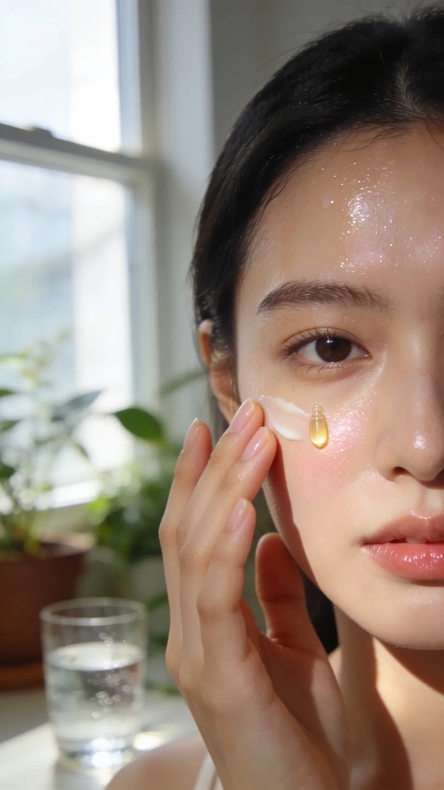 Fresh-faced model with dry skin transformed: dewy, bouncy complexion with subtle glow on cheeks and forehead, light sheer foundation blending seamlessly. The model gently presses moisturizer into the skin with fingertips; a serum drop mid-application catches natural window light. Soft-focus background with houseplants and a glass of water to reinforce hydration.