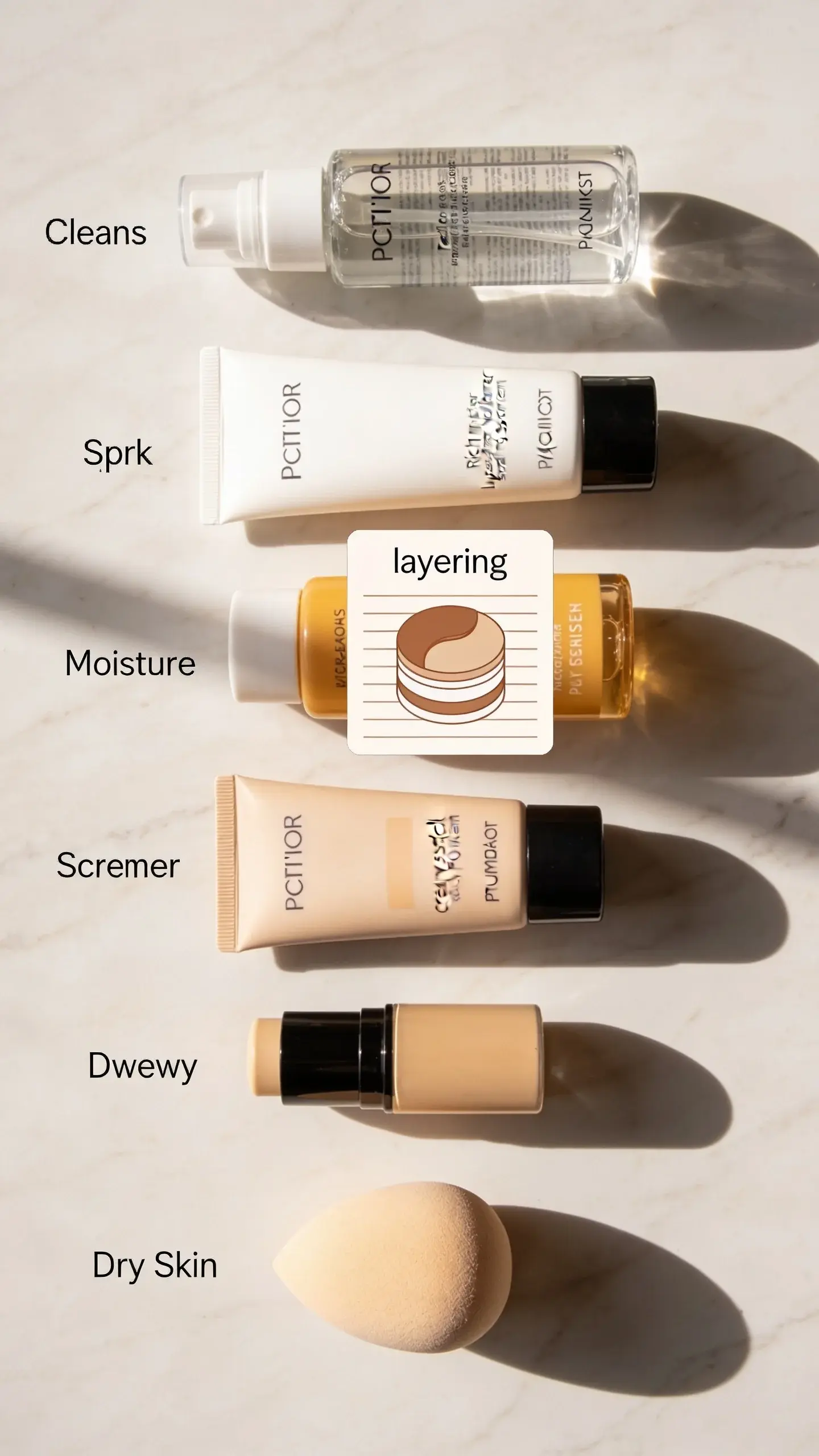 Flat lay of makeup and skincare for dry skin on a clean marble surface: creamy stick foundation, dewy primer, damp makeup sponge, facial mist, rich moisturizer, and hydrating sunscreen. Add a small note-like prop showing “layering” visually with products arranged in order from cleanse to SPF to makeup. Soft shadows, warm morning light, no text.
