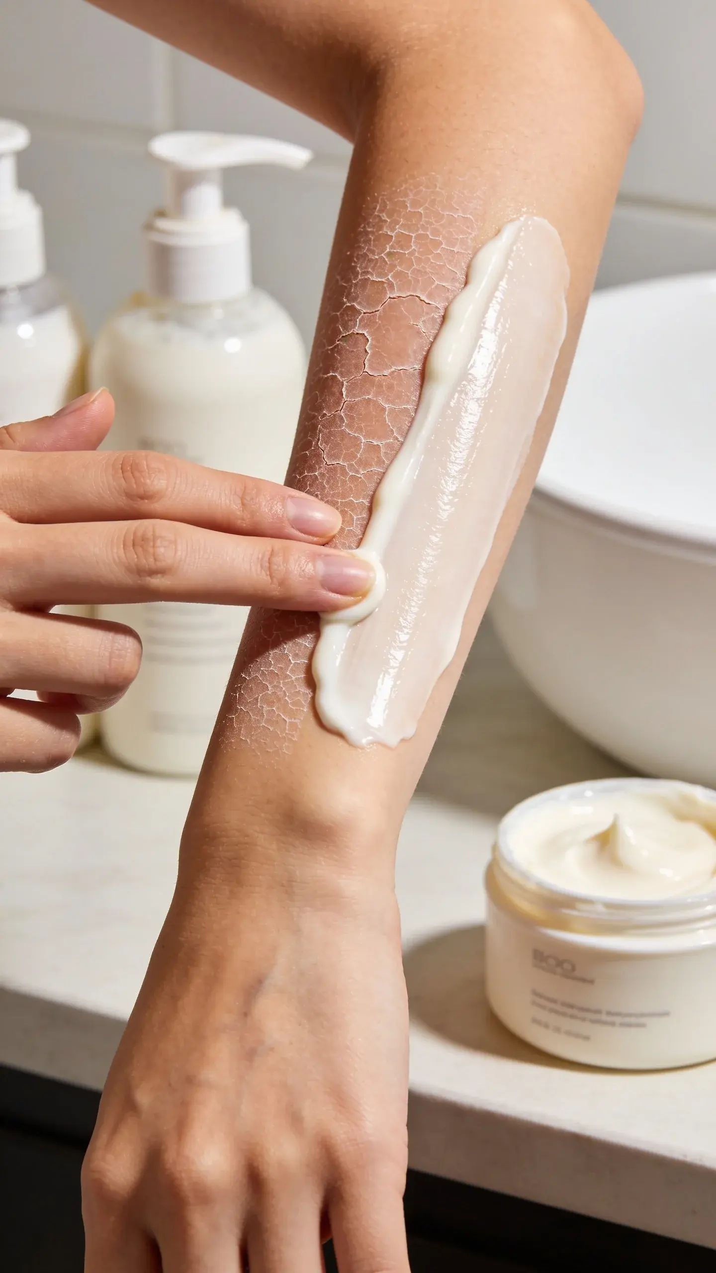 Close-up of a person’s forearm with visibly dry, flaky skin transforming to smooth, hydrated skin as a rich, creamy body lotion is being applied; soft natural lighting on bathroom counter with neutral tones; pump bottles and tub of lotion in background, no text or labels visible.