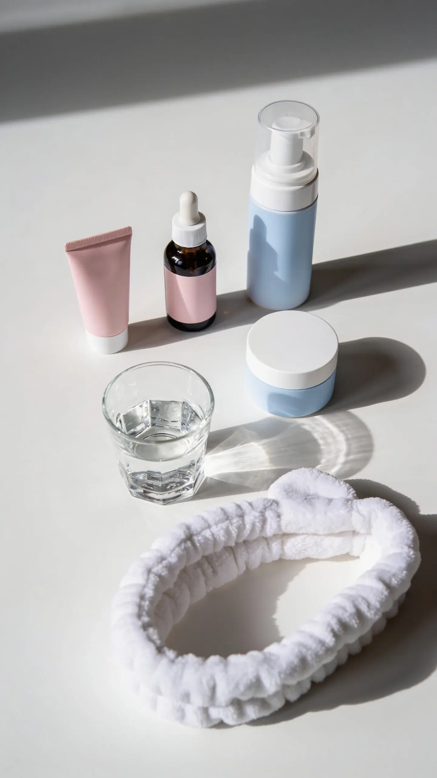 Flat lay of a simplified skincare routine on a light linen backdrop: hydrating cleanser, hyaluronic acid serum, niacinamide dropper, ceramide moisturizer, and a broad-spectrum sunscreen stick. Add a small glass of water and a cotton headband for context, soft morning light with subtle shadows. Calm, minimal, editorial style, no text.