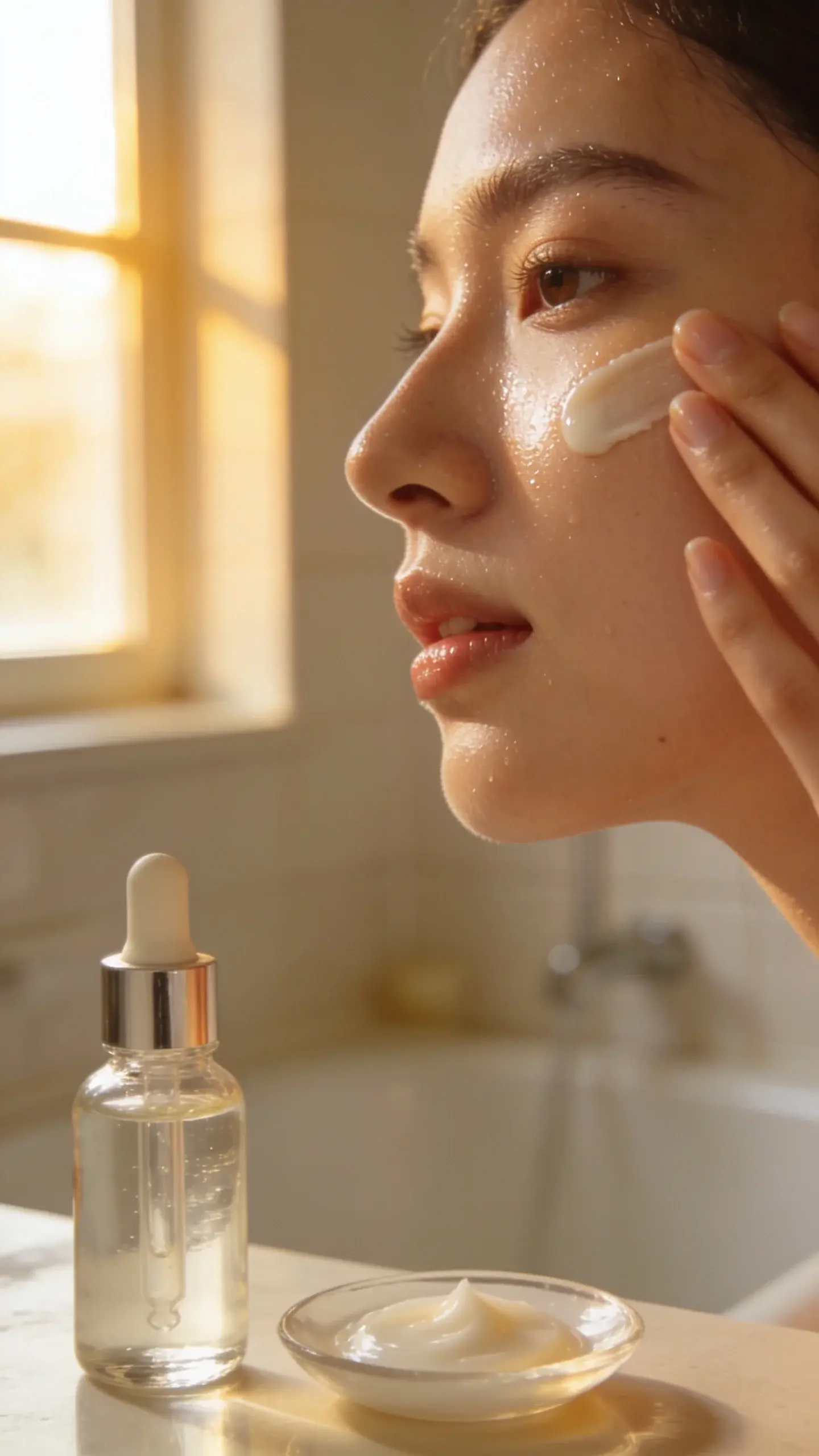 A close-up of a woman with smooth, dewy skin gently applying a lightweight sunscreen gel-cream on her cheek, golden morning light by a window, soft neutral bathroom background, glass dropper bottle and a small dish of gel nearby, clean minimal aesthetic.