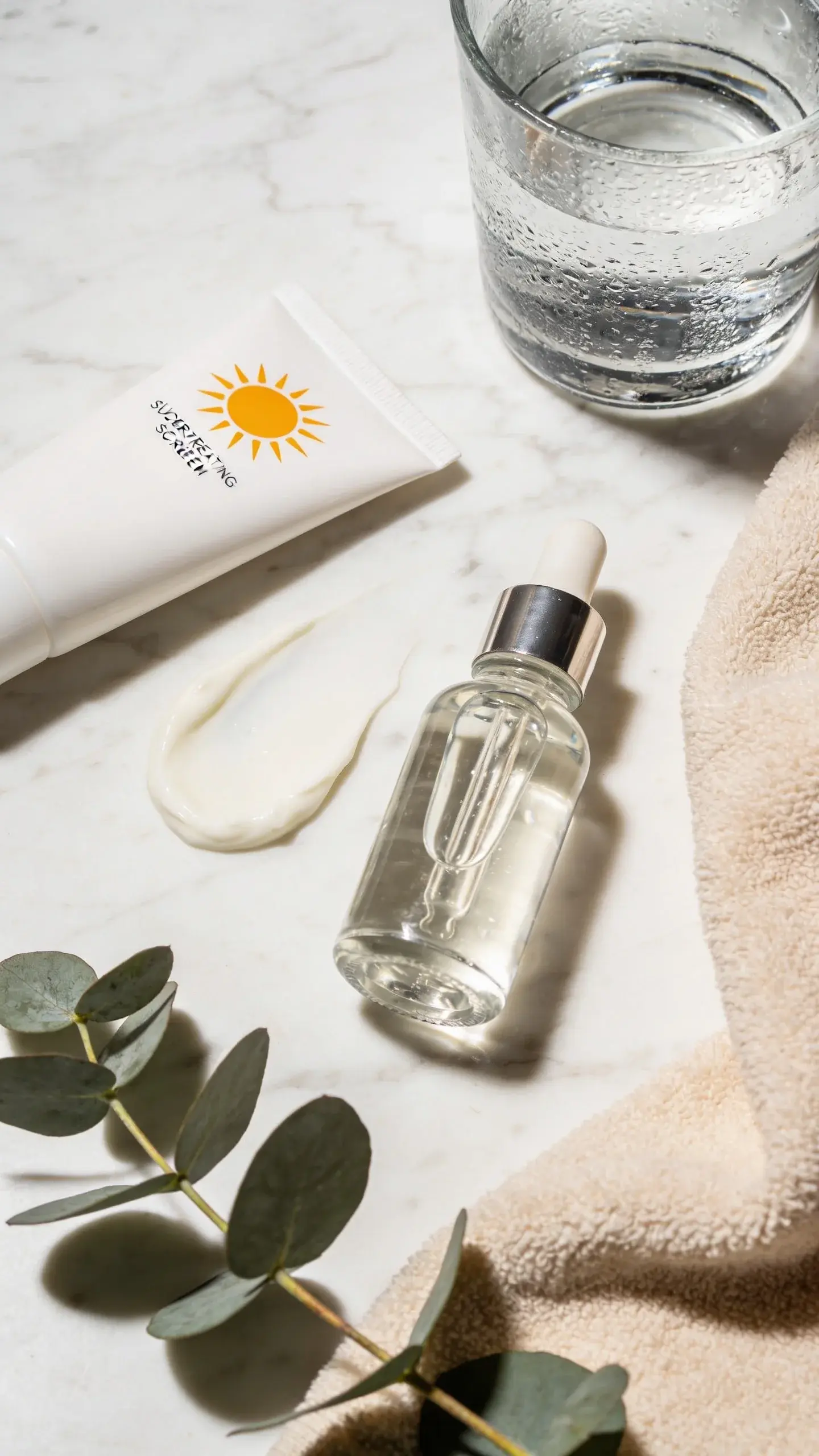 Flat lay of a skincare routine for dry skin on a marble surface: a hydrating sunscreen cream dolloped beside a clear hyaluronic acid serum, a glass of water with condensation, a soft beige towel, and a sprig of eucalyptus, bright natural light, airy and spa-like.