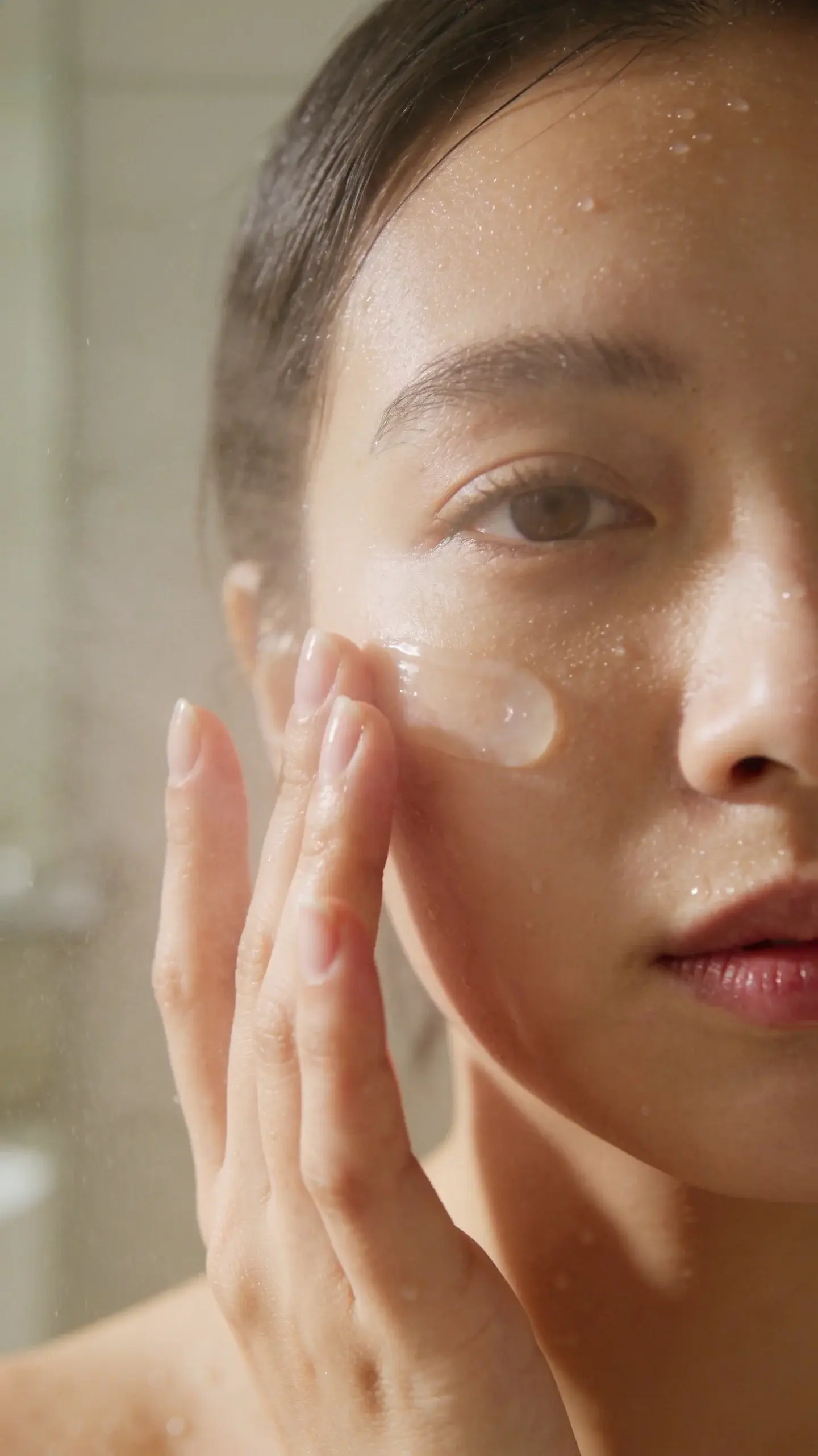 Close-up of a woman with smooth, dewy skin gently pressing a lightweight gel serum into damp cheeks in soft bathroom morning light; a misty glow and tiny water droplets on skin suggest hydration, with a neutral background and no products in frame.