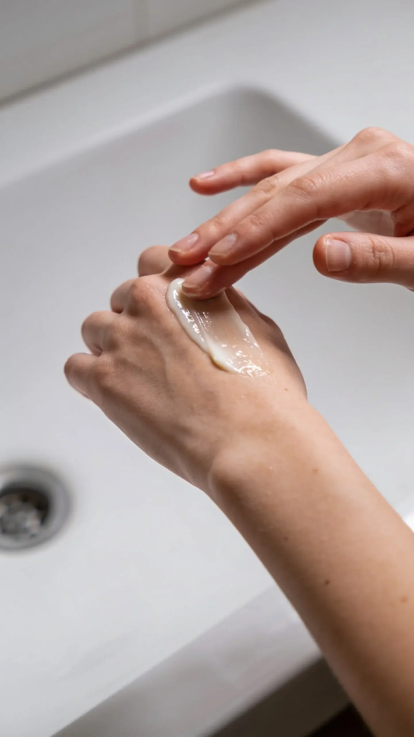 Overhead shot of clean hands applying a thin layer of creamy moisturizer over slightly wet skin on the face, capturing a subtle sheen as it seals in moisture; soft natural lighting, minimalist sink area, spa-like calm, no labels or text.