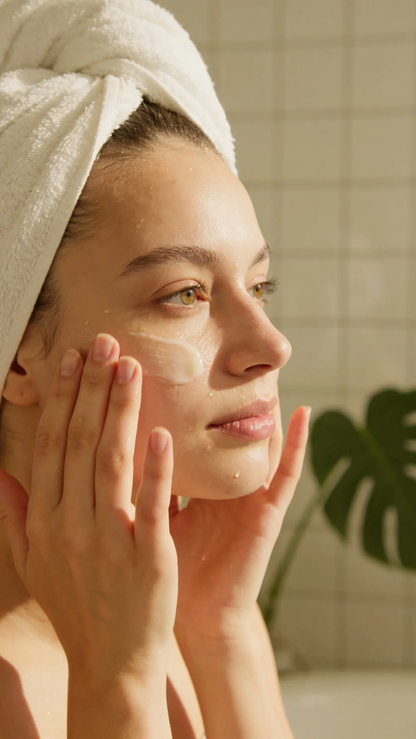 Close-up of a woman’s face with smooth, dewy skin in soft morning light, gently patting a lightweight gel-cream onto damp cheeks; a clean white towel wrapped around her hair and a minimal bathroom background with a leafy plant for a fresh, hydrated vibe.