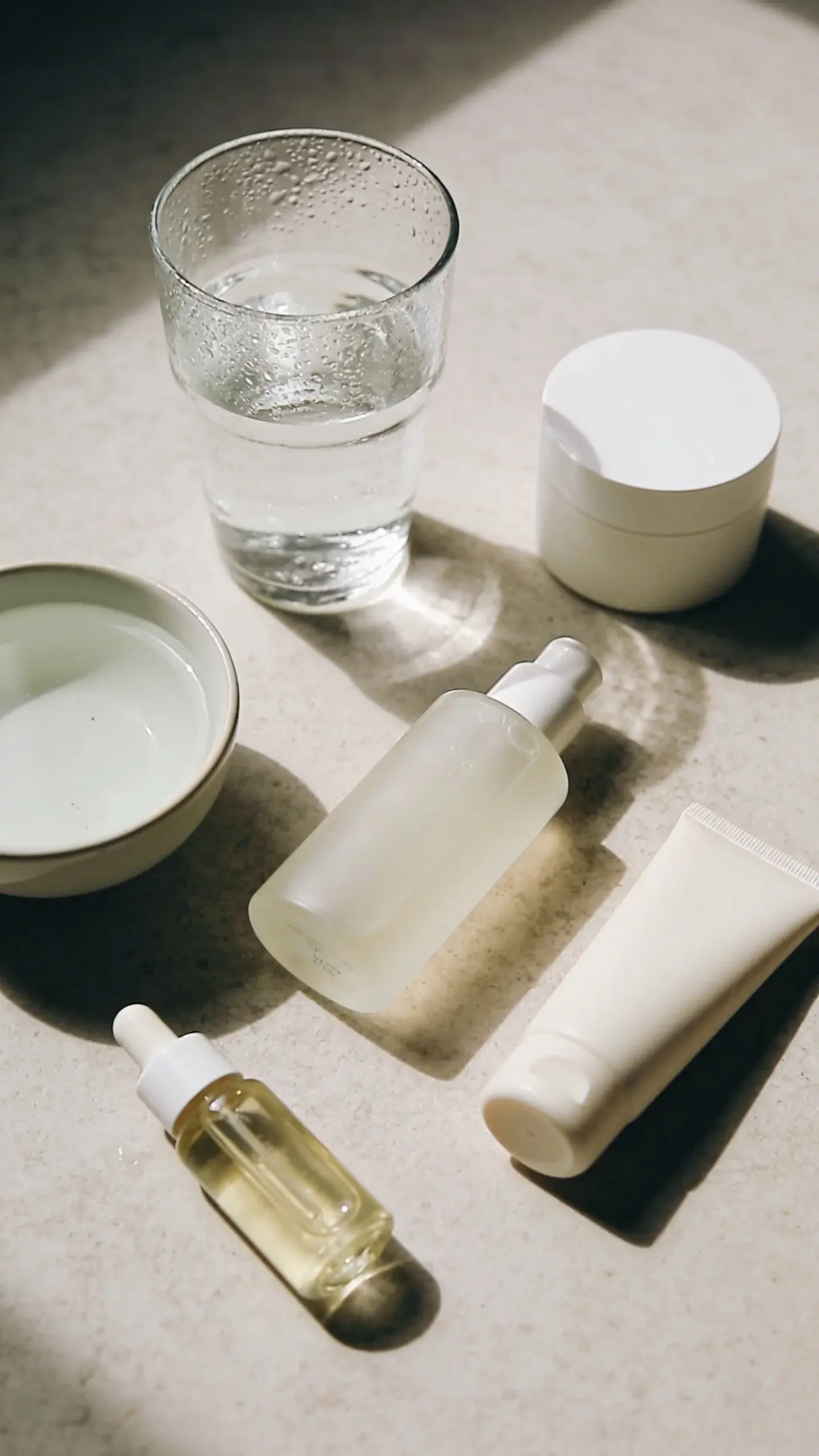 Flat lay on a neutral stone countertop showing a simple skincare routine: a clear glass of water with condensation, a small bowl of lukewarm water, a plain fragrance-free cleanser, a hydrating serum dropper, and a basic ceramide moisturizer; soft natural light, airy and calming aesthetic.