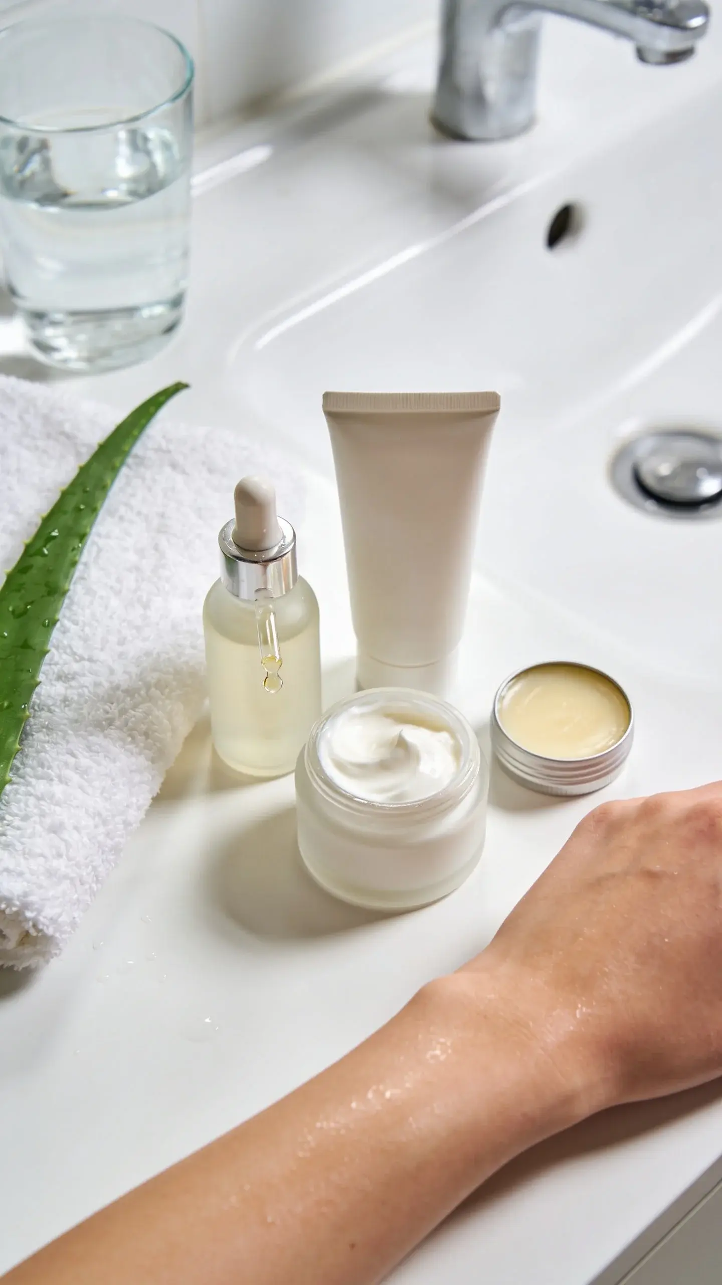 A softly lit bathroom vanity scene with a clean white sink, a glass of water, and a neatly arranged minimal skincare lineup: a gentle cream cleanser, a hydrating serum dropper with a glossy droplet, a rich cream, and a small jar of balm. Include a plush white towel and a green aloe leaf for a fresh, dewy vibe; skin shown should look smooth and hydrated.