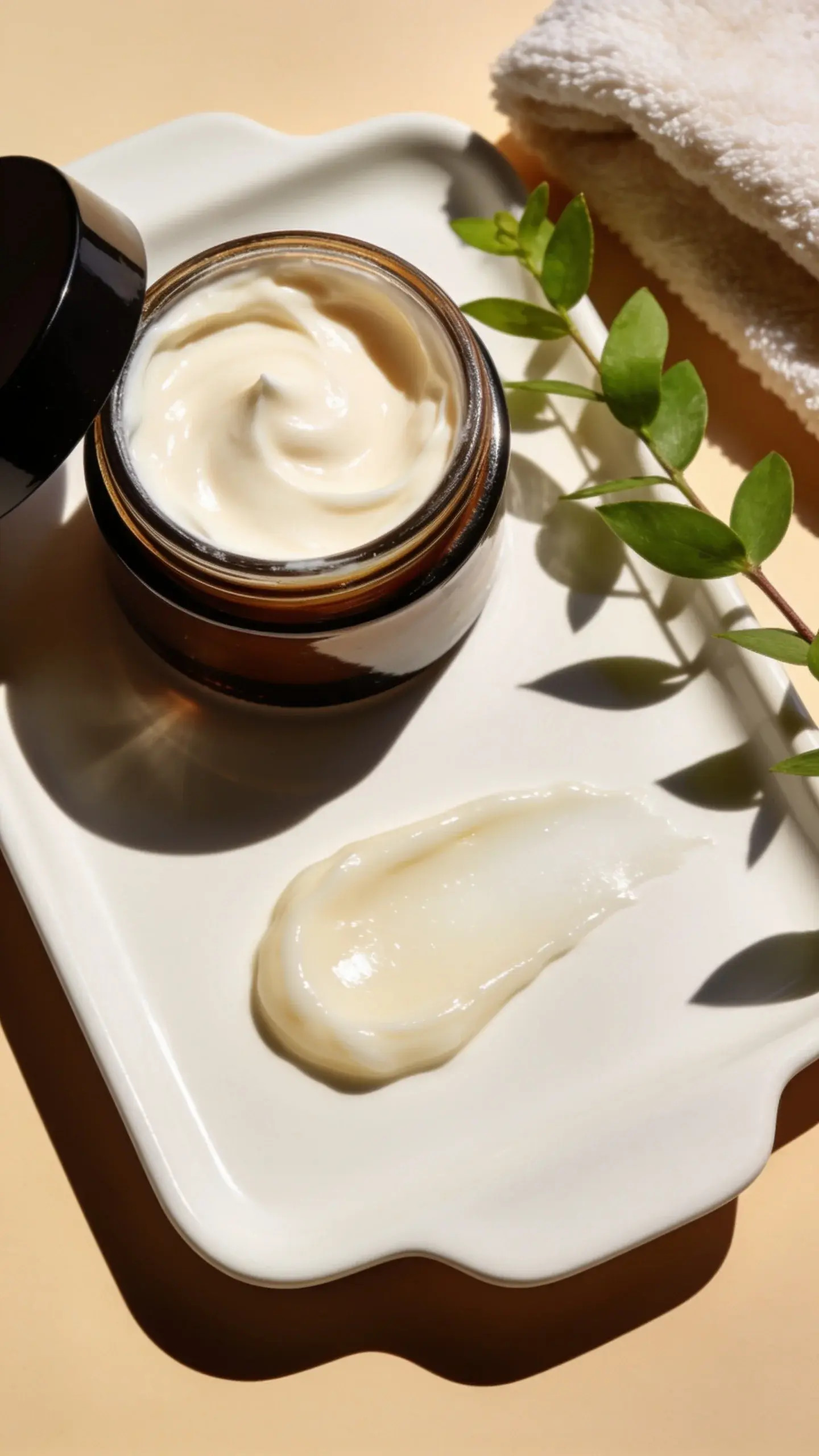 Overhead shot of an open jar of rich cream beside a lightweight gel-cream dollop on a white ceramic tray, both glistening to show texture. Add a sprig of green leaves and a soft towel nearby, with warm morning light casting gentle shadows.