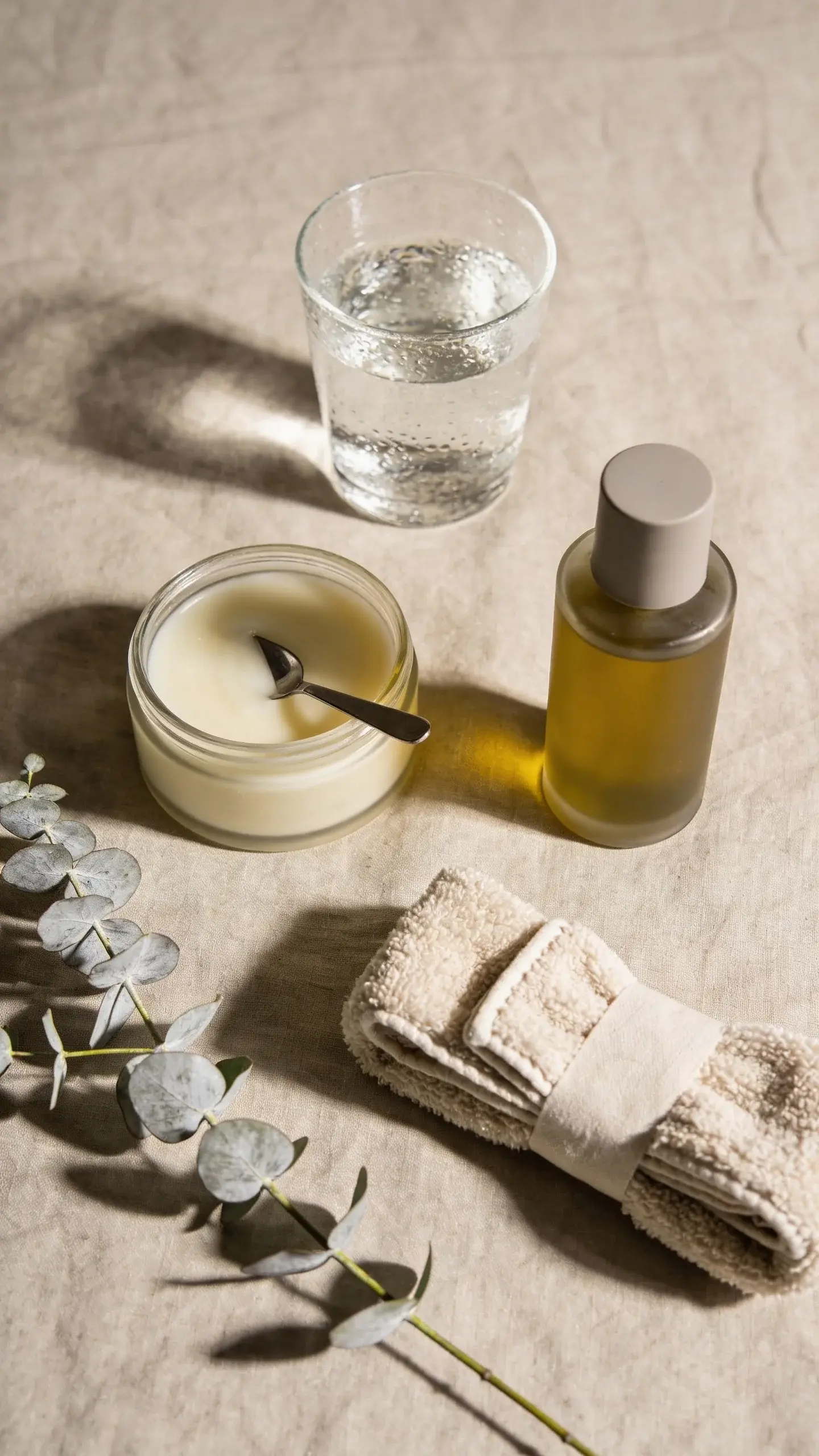 Evening skincare flat lay on a linen cloth: open cleansing balm with a small scoop, a simple oil cleanser bottle, and a fluffy headband, next to a glass of water and a sprig of eucalyptus. Warm, diffused light, minimalist aesthetic, clean and inviting.