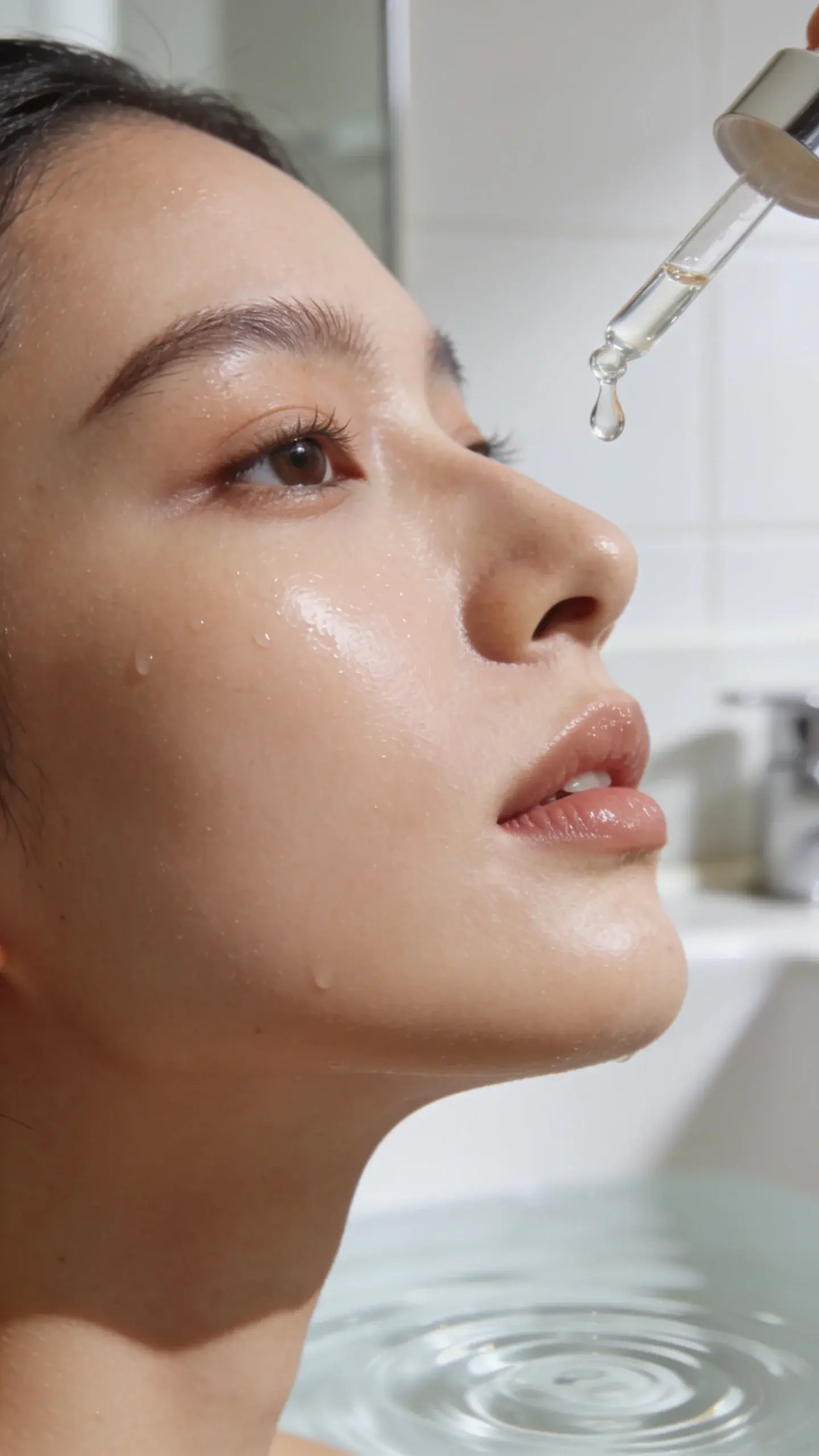 Close-up of a woman’s cheek and jawline with dewy, smooth skin, soft natural lighting, a glass dropper releasing a clear serum droplet mid-air, subtle reflections of water ripples in the background, clean minimal bathroom setting, neutral tones.