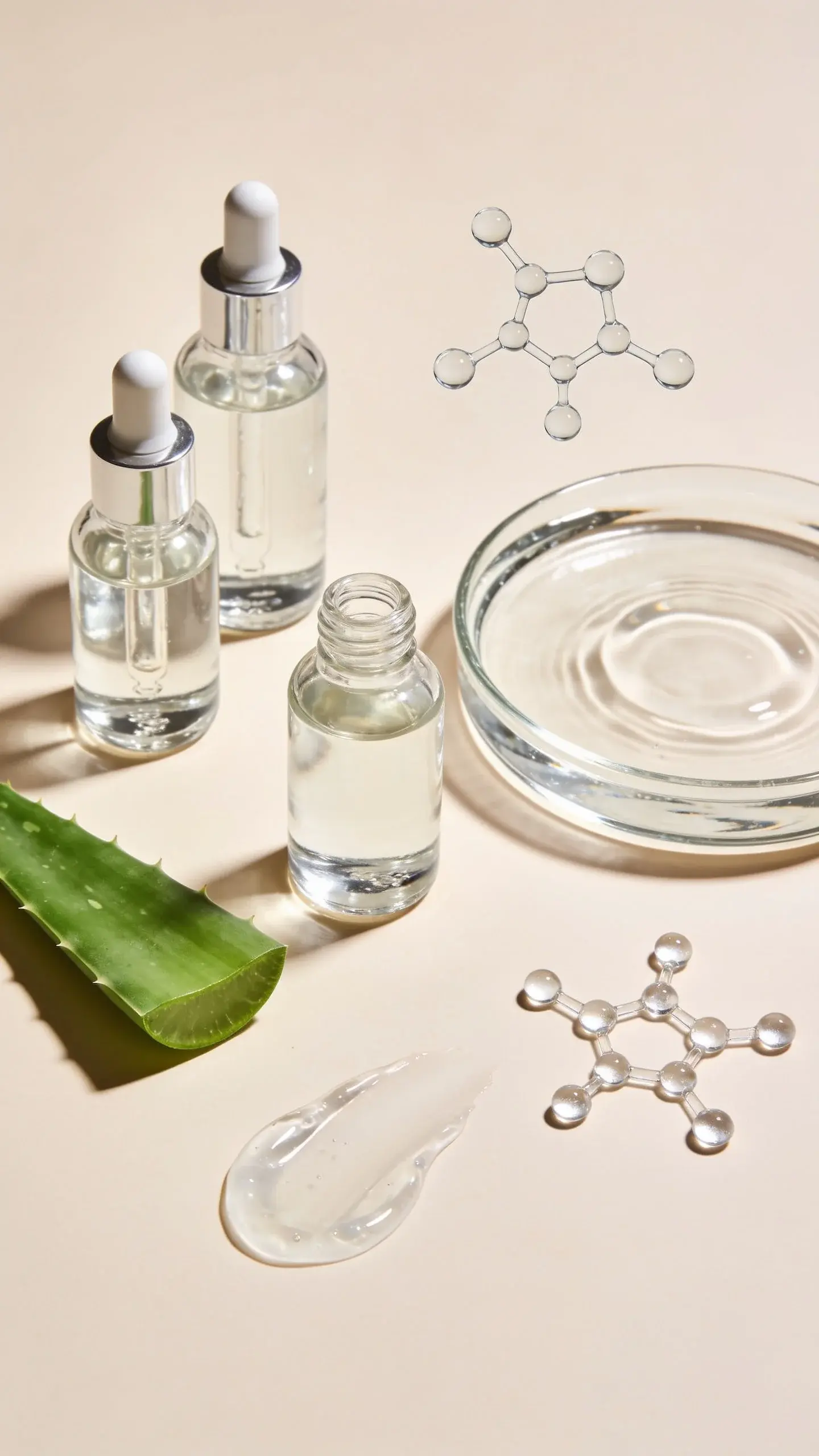 Flat lay on a light beige background: a few clear glass serum bottles with droppers, a shallow dish of water with gentle ripples, fresh aloe slice, glycerin-like clear gel swatch, and a small hyaluronic acid molecule diagram implied via glass beads arrangement, soft shadows, airy and minimal.