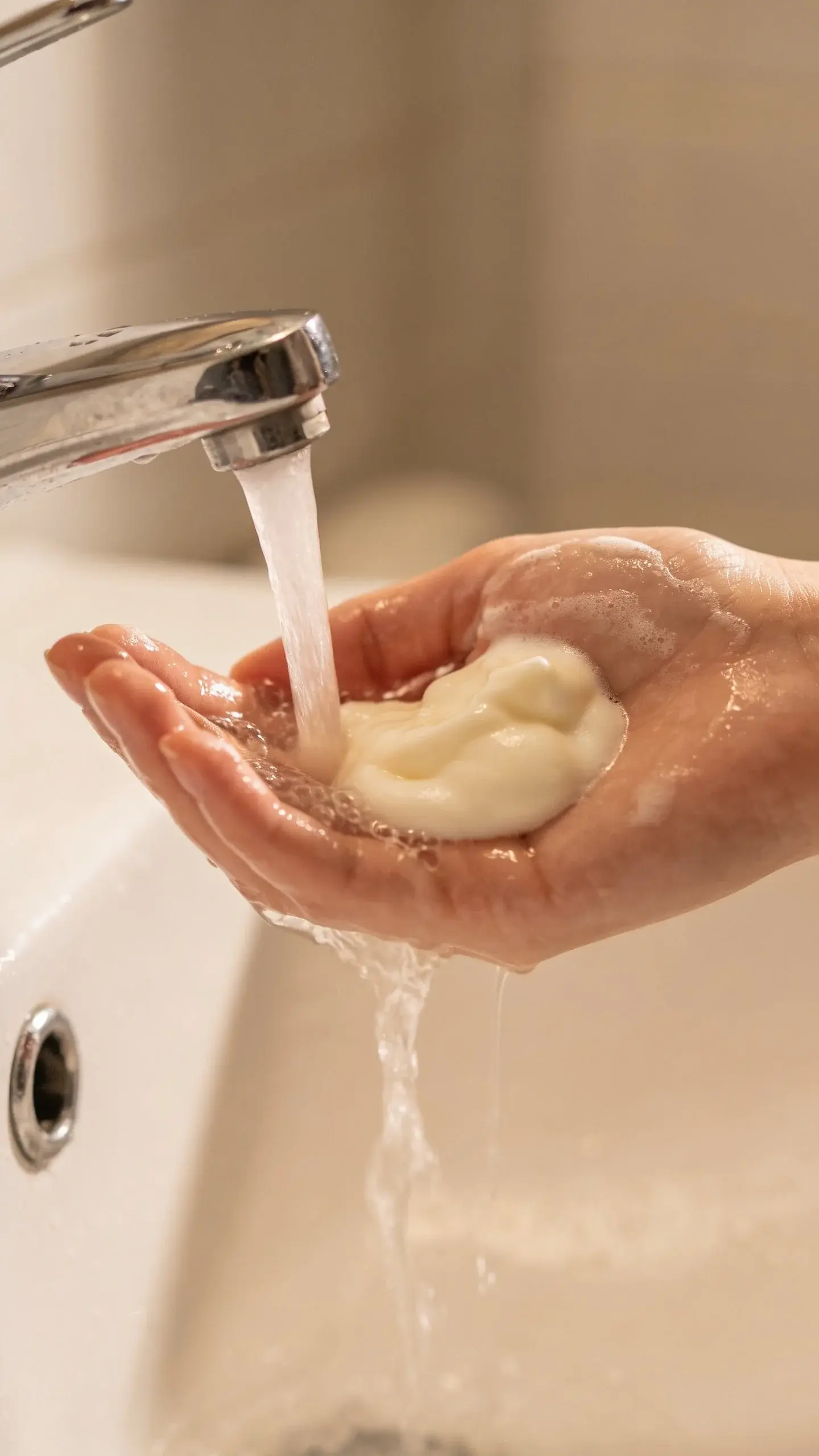 Close-up of a person gently washing their face with a creamy, low-foam cleanser under lukewarm running water, soft bathroom lighting, smooth dewy skin, neutral tones, minimal aesthetic, no visible product labels, serene calm vibe.