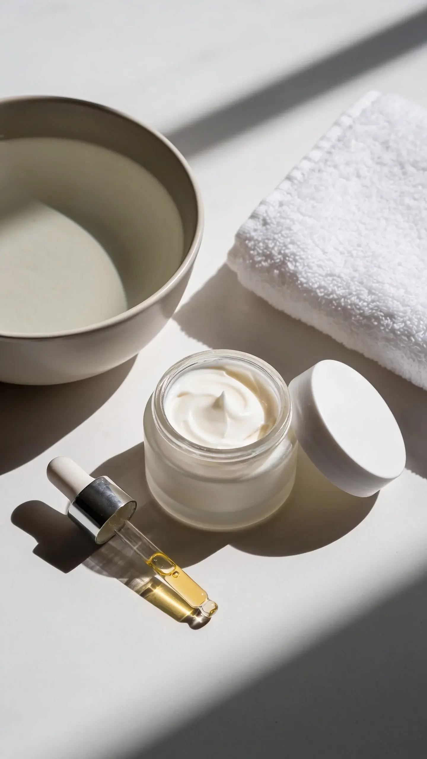 Vanity scene with a simple routine: a bowl of lukewarm water, a soft white towel, and an open jar of rich, fragrance-free cream beside a glass dropper of lightweight oil; soft morning light, clean minimal background, focus on hydration and barrier care, no text or branding.