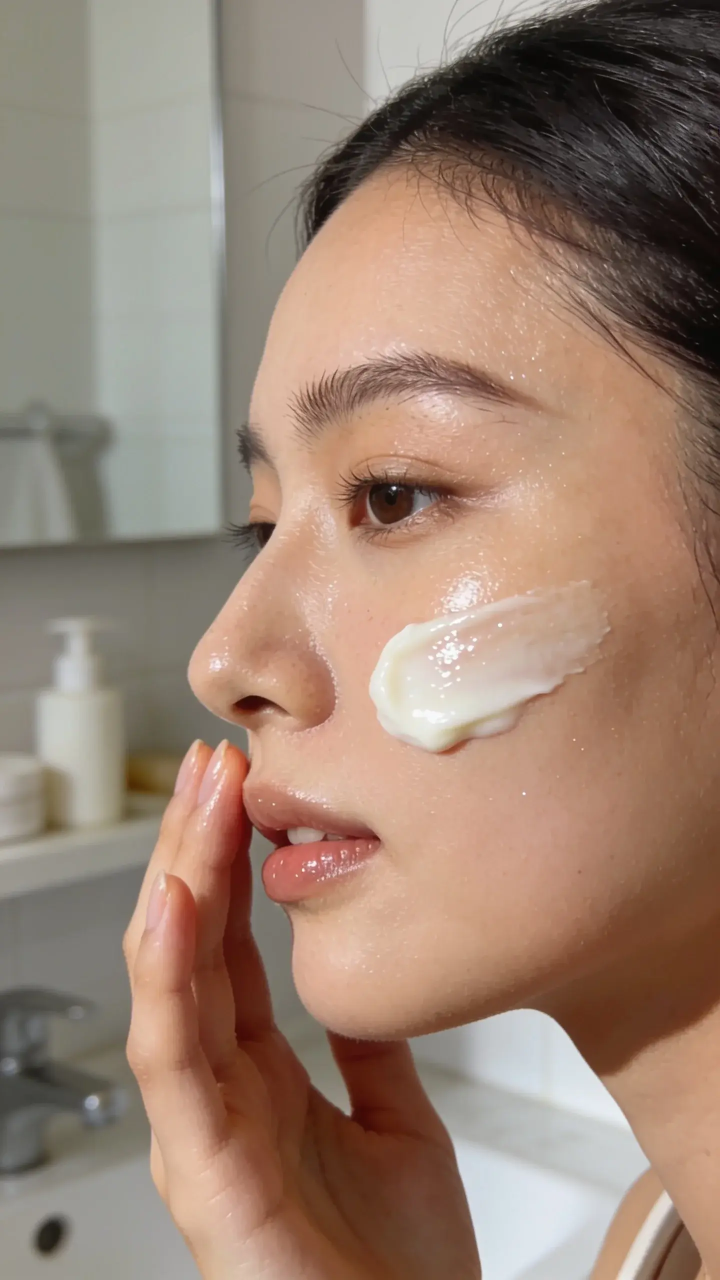 A close-up of a woman’s face with healthy, luminous, well-moisturized skin, gently applying a creamy, rich face cream with visible dewy finish. Soft natural daylight, neutral bathroom setting, minimal props, focus on smooth texture and glow.
