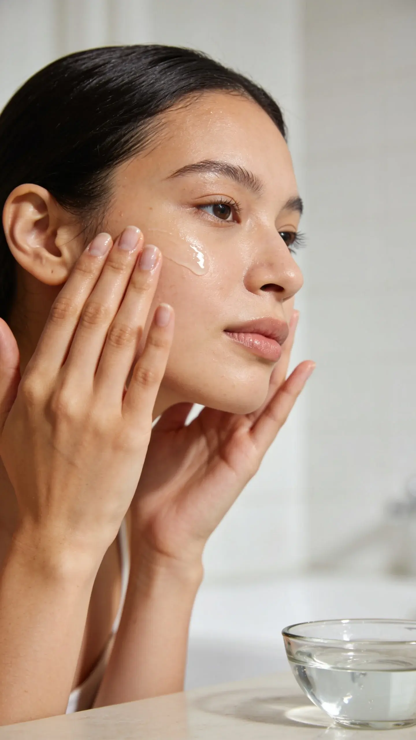 Close-up of a woman with smooth, dewy skin in soft morning light, gently patting a lightweight watery toner into her cheeks, with a simple, minimal bathroom background and a small glass bowl of water nearby. Soft neutral colors, natural glow, no text or labels.