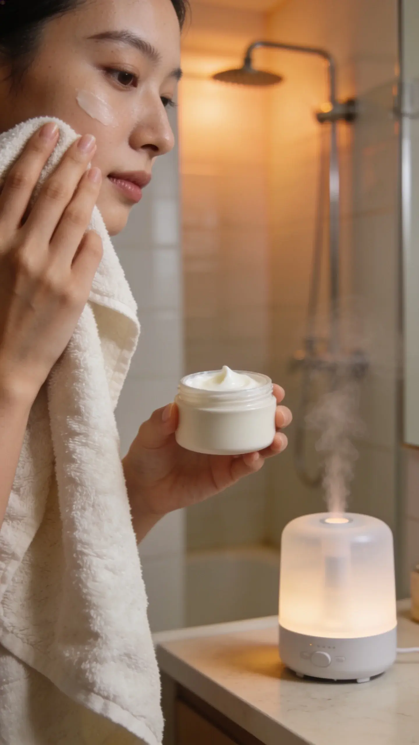 Cozy bathroom scene in soft natural light: a person with smooth, healthy-looking skin gently patting their face with a towel, then applying a simple, minimal moisturizer from a plain, unbranded jar. Include a small humidifier steaming on the counter and a warm shower in the background without visible steam.