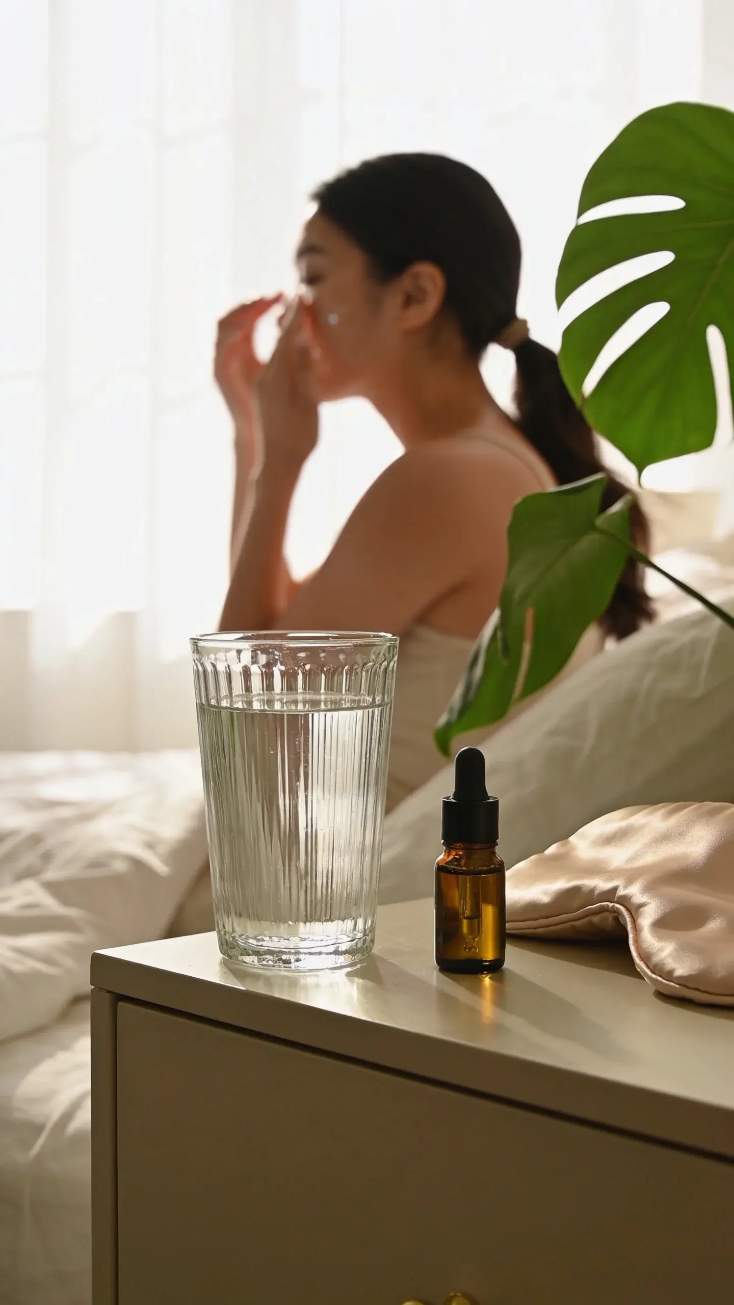 Calm bedroom morning light: a glass of water on a nightstand beside a small, unbranded bottle of facial oil and a silk pillowcase. In the background, a person with glowing, even-toned skin ties their hair back and lightly mists their face, with a leafy houseplant nearby to hint at humidity.
