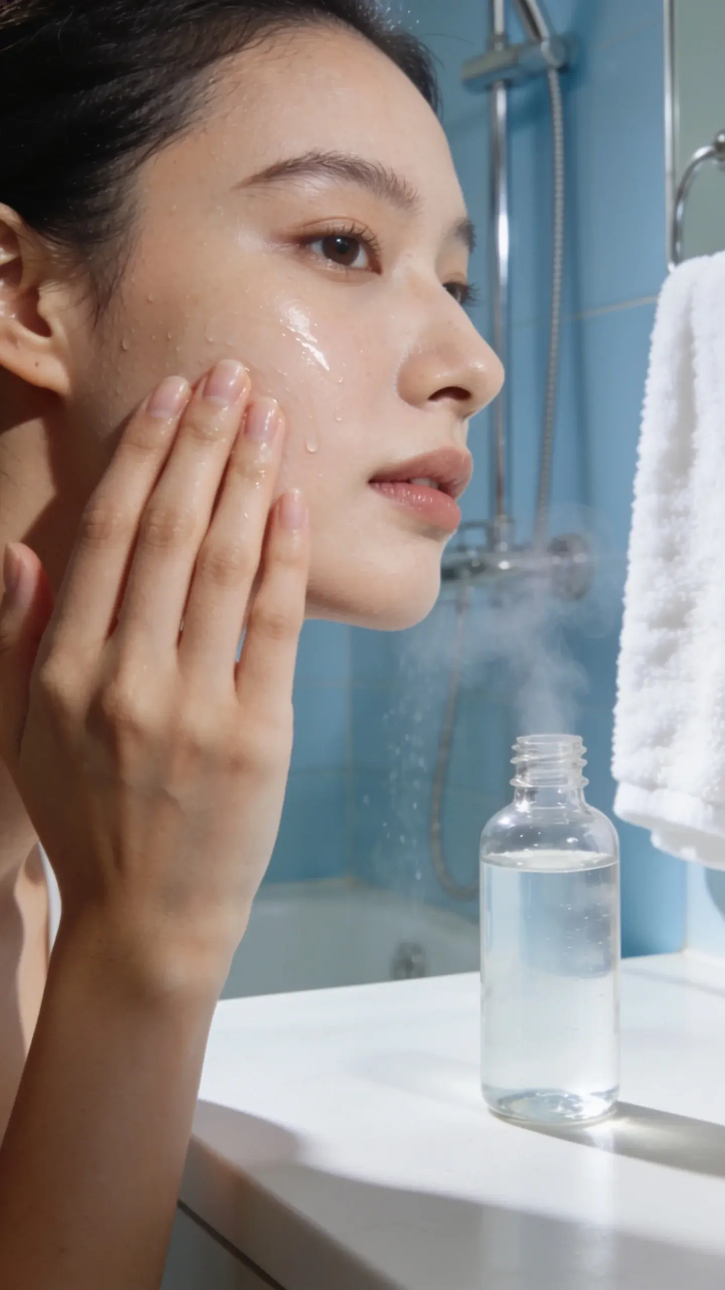 A clean bathroom counter with soft morning light: a hand gently patting a clear, watery toner onto smooth, dewy cheeks. Minimalist glass bottle, subtle steam from a shower, and a plush white towel in the background for a fresh, hydrated vibe.