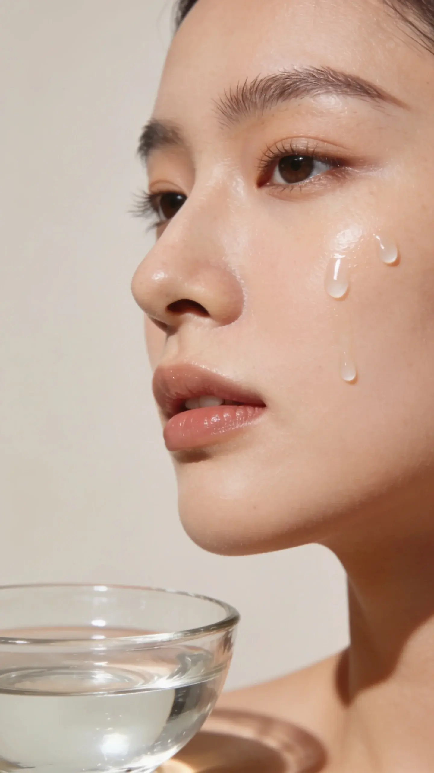 Close-up of a serene face with healthy, glowing skin as a few translucent drops of toner glide across the cheek. Neutral backdrop, soft natural lighting, and a simple glass bowl of water nearby to emphasize lightweight hydration.