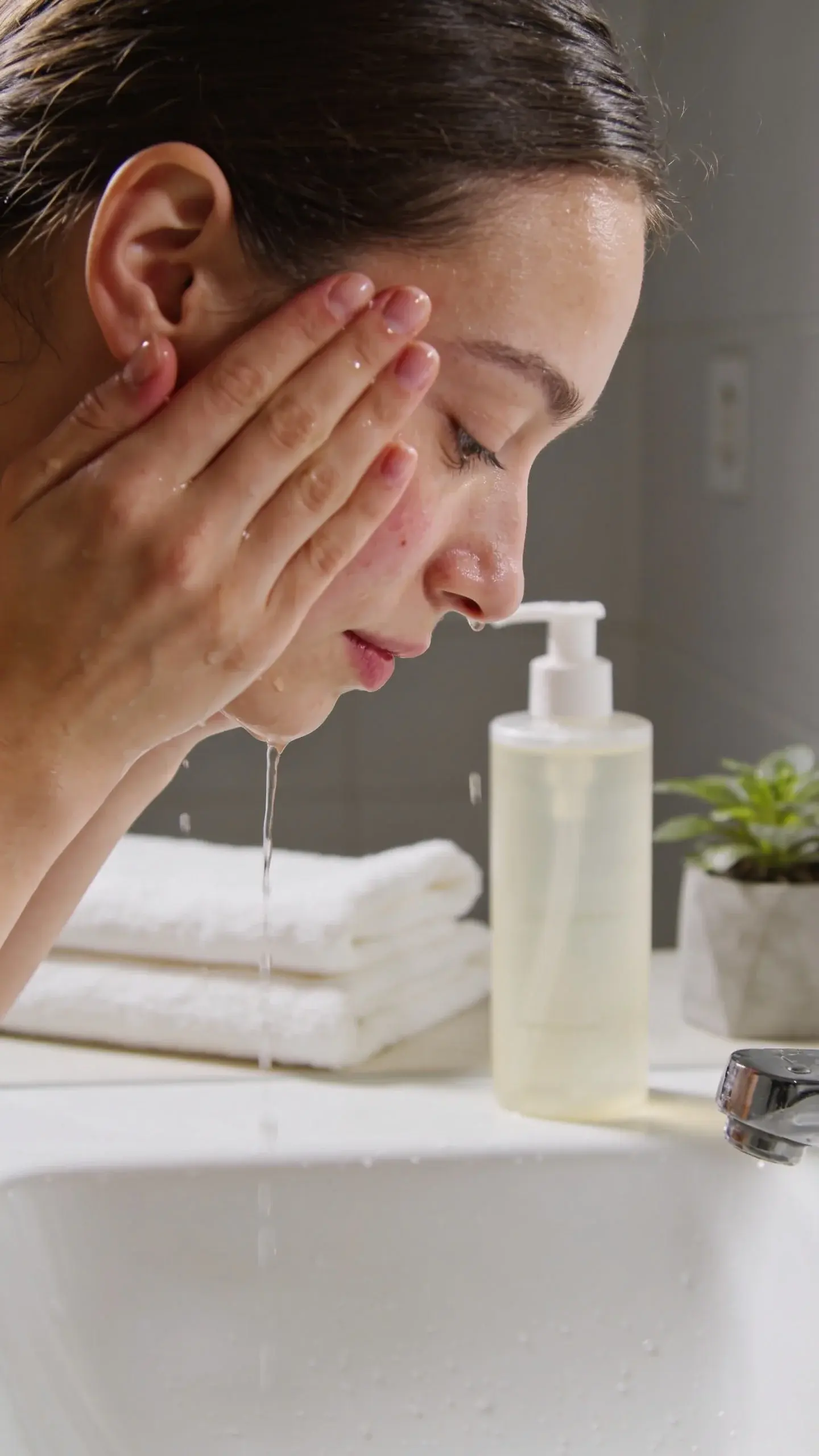 Soft, natural-lit bathroom scene with a person gently cleansing their face with lukewarm water, using a minimal, fragrance-free-looking cleanser bottle nearby; clean white towels, a small plant, and neutral, calming colors to convey a soothing routine. Skin appears smooth and calm with a subtle glow, no redness.