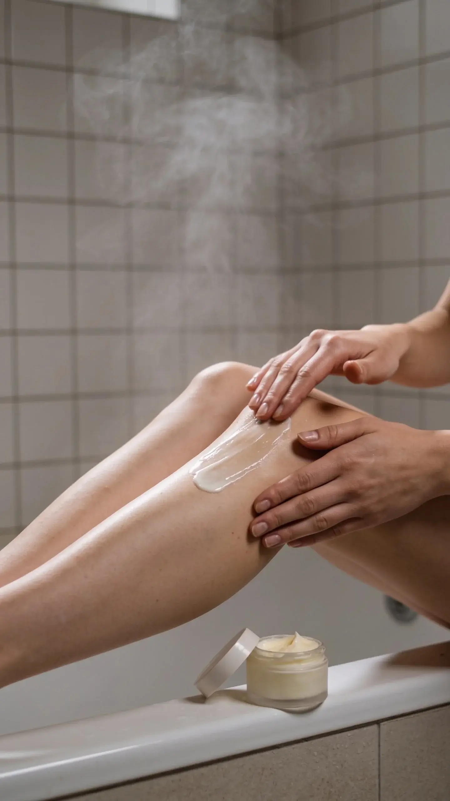 Close-up of smooth legs and hands after shower, subtle steam on a neutral-tiled bathroom backdrop; one hand applying a silky lotion that instantly sinks in, and a small open jar of thicker butter nearby suggesting a heavier option for dry spots, soft natural light, calm, spa-like vibe.