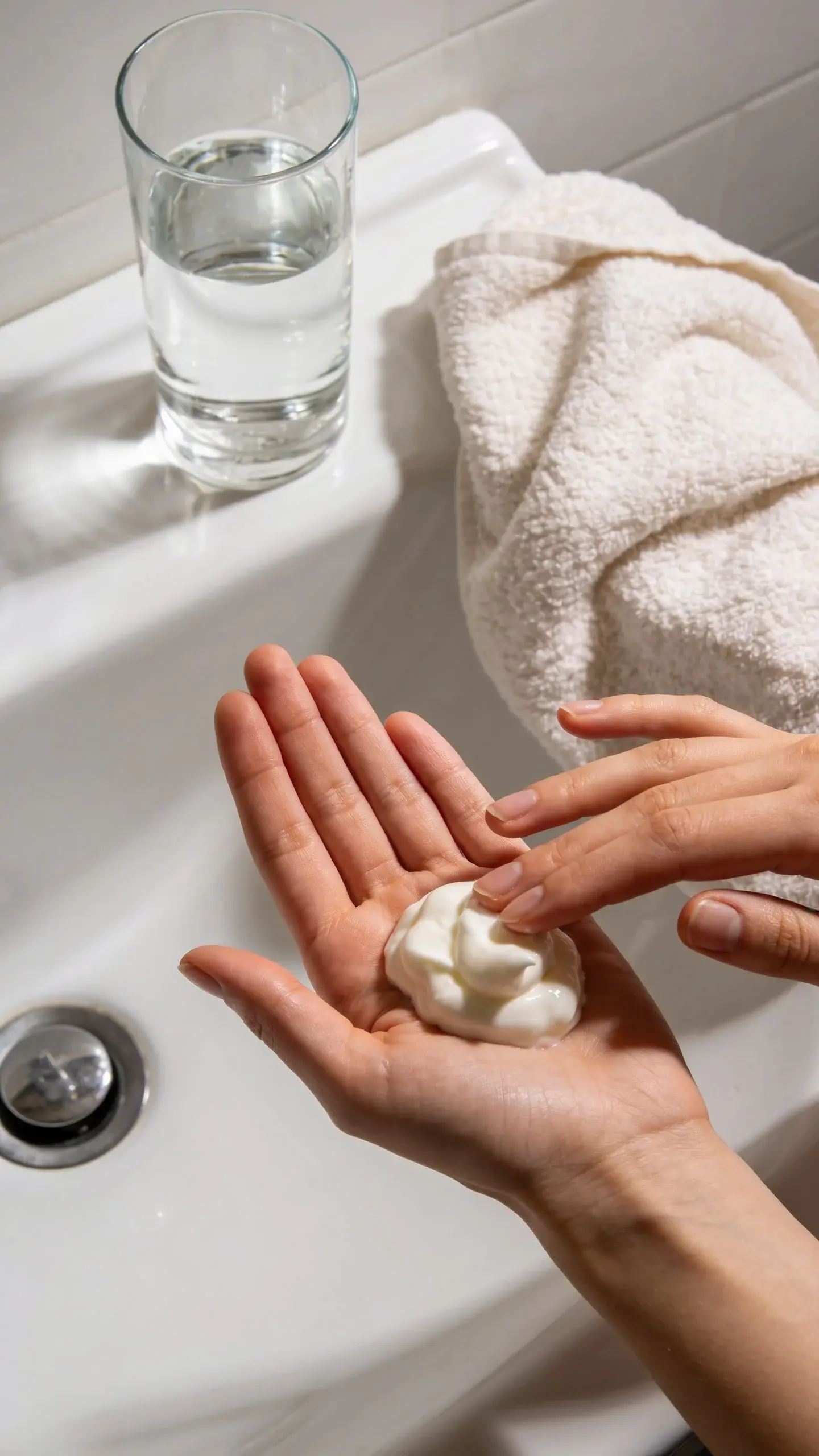 Overhead shot of a clean bathroom sink scene: a dollop of thick cream cleanser on fingertips next to a glass of water and a soft cotton towel. Soft natural morning light, neutral colors, simple, serene composition emphasizing a gentle routine.