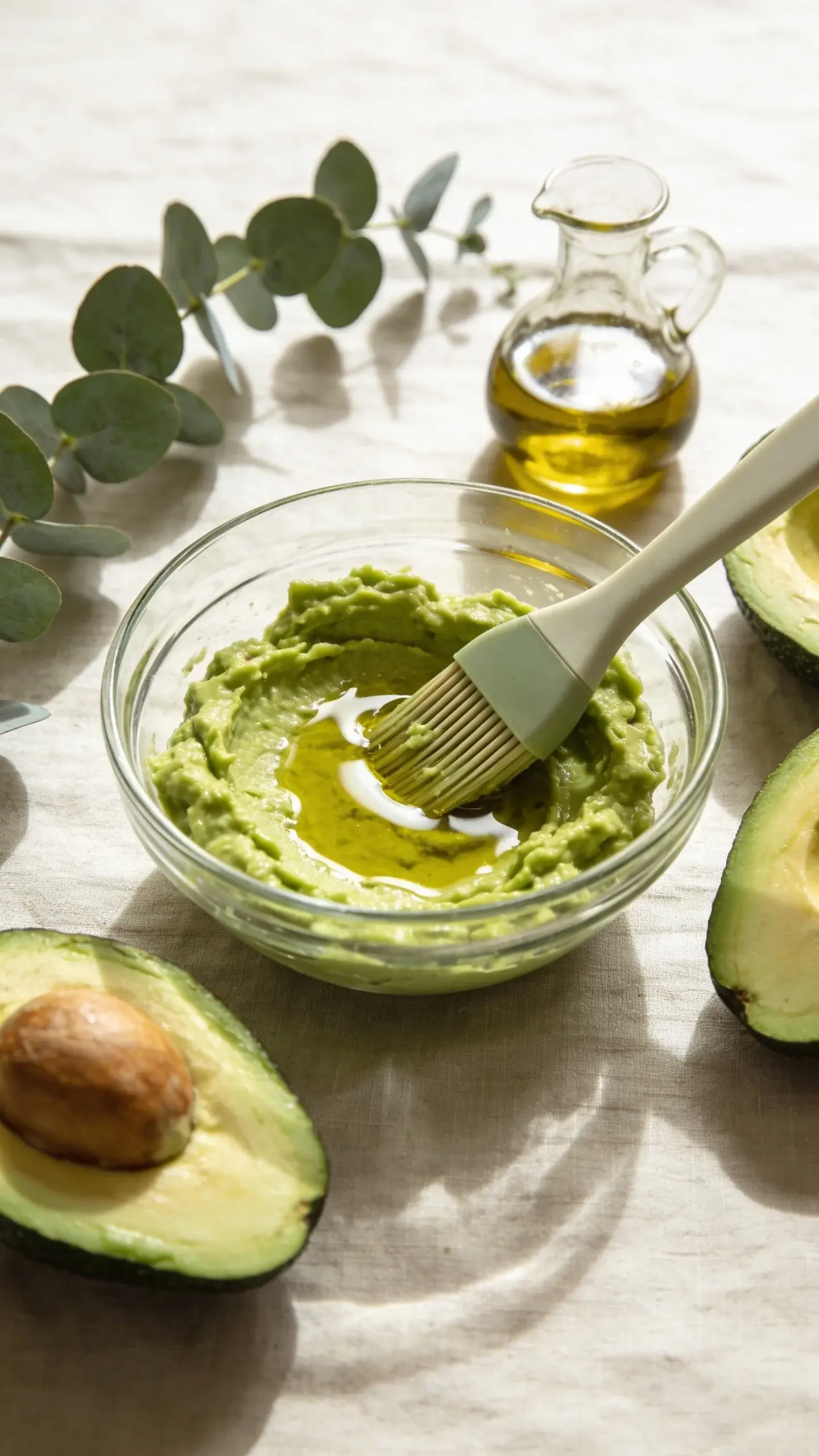Close-up of a fresh DIY face mask setup: mashed avocado and a drizzle of olive oil in a glass bowl with a brush, surrounded by avocado halves, a tiny carafe of oil, and eucalyptus leaves on a light linen cloth; airy daylight, soft shadows, soothing and simple aesthetic, no branding or text.