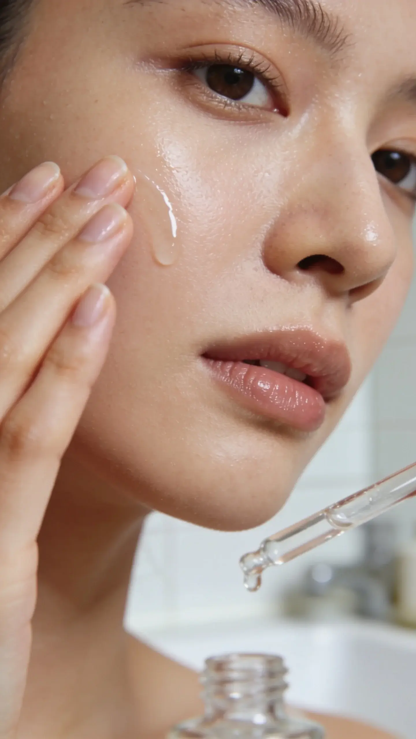 Close-up of a person with smooth, dewy skin gently pressing a clear, watery serum onto their cheek with fingertips; soft natural morning light, minimal bathroom background, neutral tones, a glass dropper slightly out of focus. Mood is fresh, hydrating, simple.