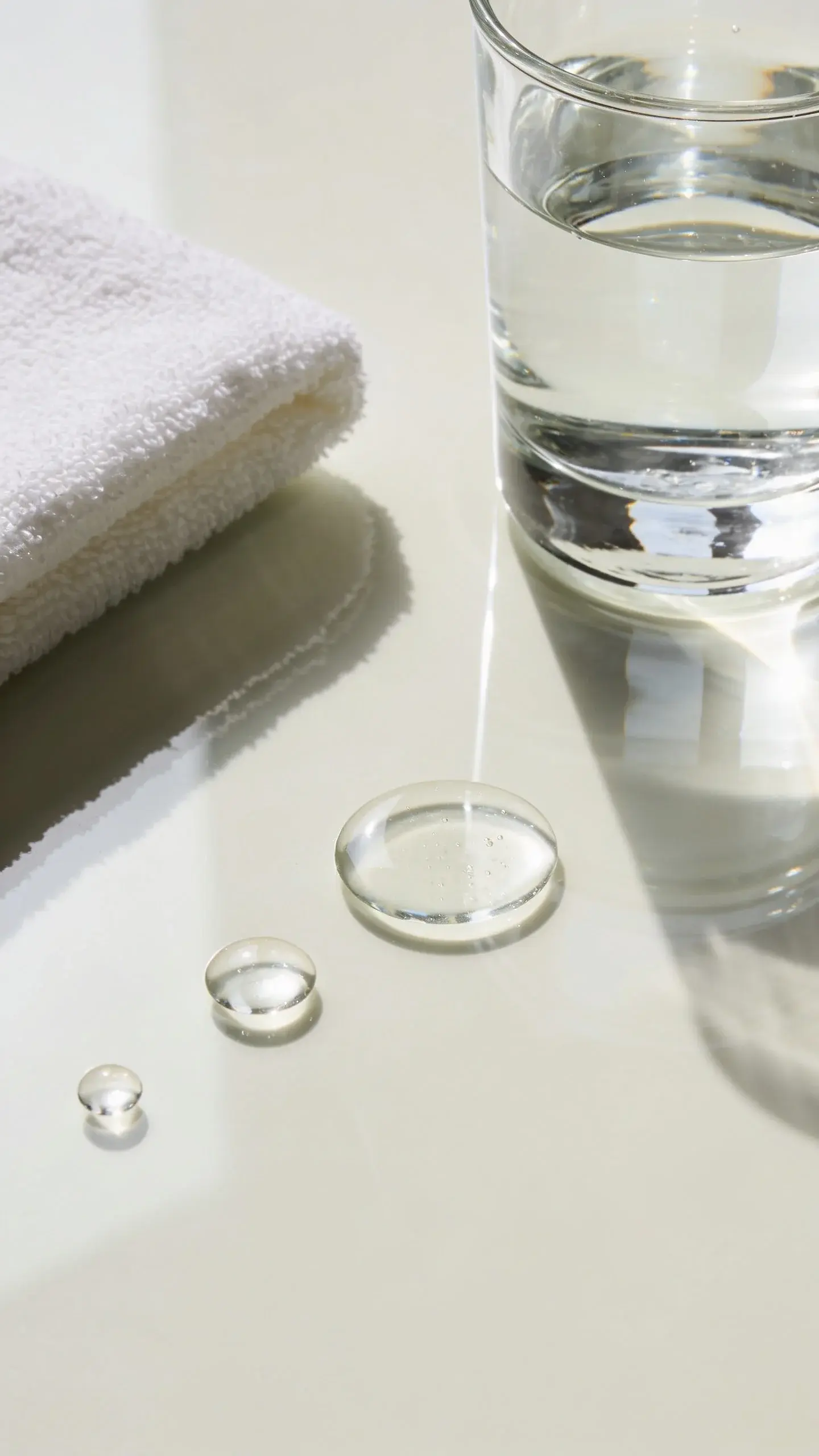 Still life of a few drops of clear serum beading on a glossy, pale surface beside a small glass of water and a soft white towel; bright, clean lighting with subtle reflections, airy composition, no labels or text, serene and minimal.
