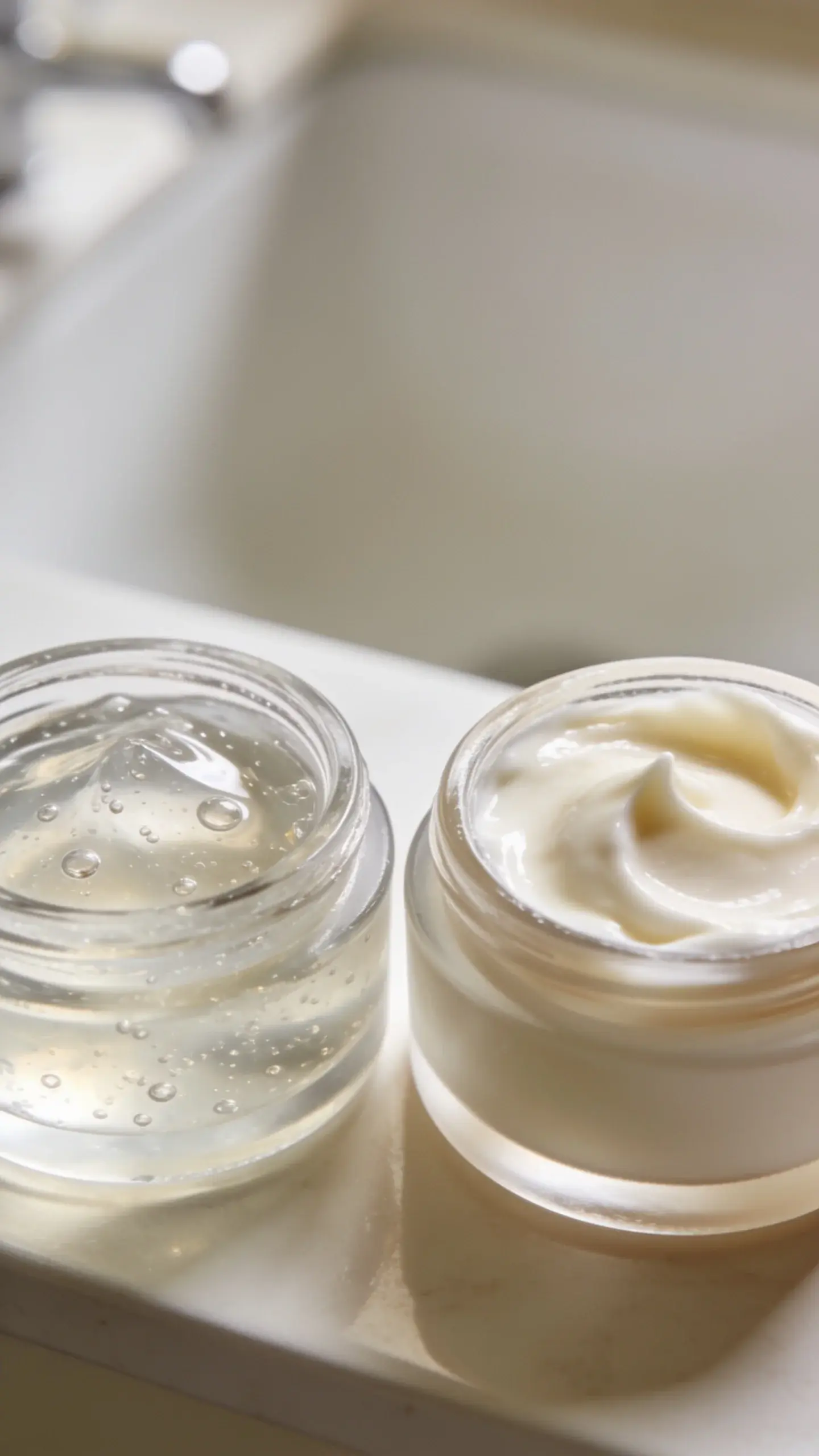 A clean, minimal bathroom vanity scene with two open jars of face moisturizer side by side: one lightweight gel-cream with a dewy, water-like texture and droplets, and one richer cream with a buttery, velvety texture. Soft natural light, smooth glowing skin-toned background, no branding, serene and hydrating vibe.