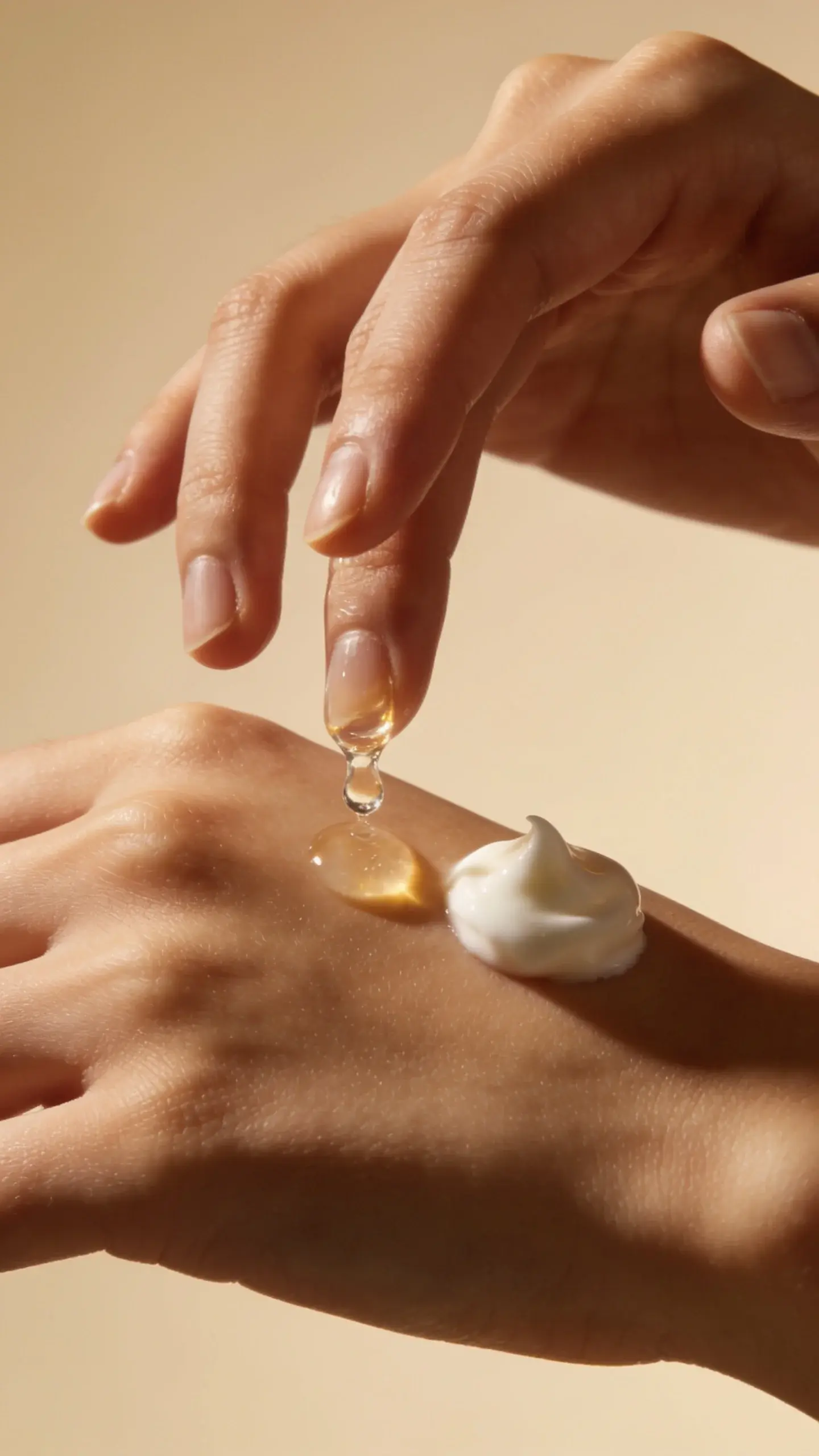 Close-up of a hand applying a clear, glossy serum drop to the back of the other hand, next to a small dollop of rich cream ready to layer. Soft-focus, warm lighting, neutral background, skin looks plump and smooth, conveys layering humectant then cream without showing any text or labels.